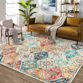 Garvee 10x13 Area Rug Extra Large Moroccan Trellis Machine Washable Rug Vintage Medallion Distressed Accent Rug Stain Resistant Non-Slip Floor Cover Carpet Rug for Living Room Bedroom