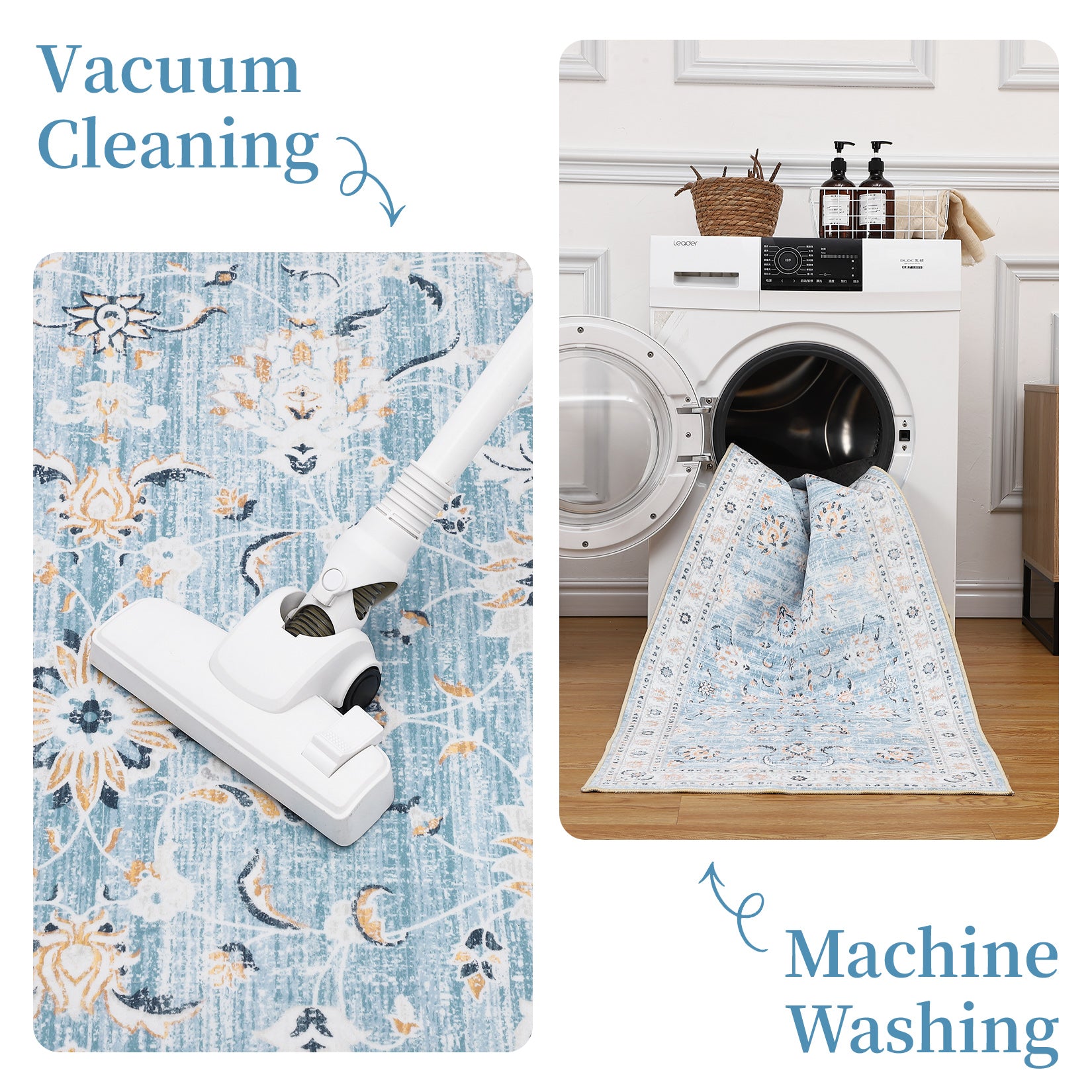 Garvee Area Rug 8x10 Large Vintage Rug Machine Washable Area Rug Indoor Floor Cover Boho Distressed Rug Retro Accent Area Rug for Living Room Bedroom Kitchen, Blue