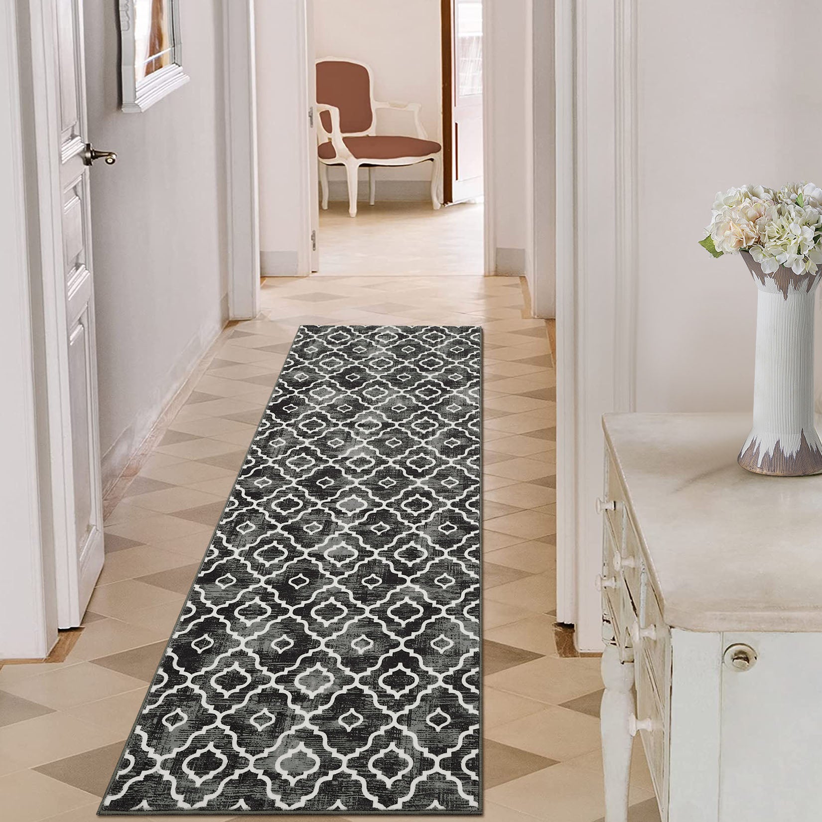 Garvee Runner Rug 2x6 Boho Rug Modern Geometric Rugs for Entryway Hallway Laundry Bathroom Washable Trellis Rug Non Slip Office Carpet Moroccan Bedroom Rug Distressed Area Rugs Low Pile Grey