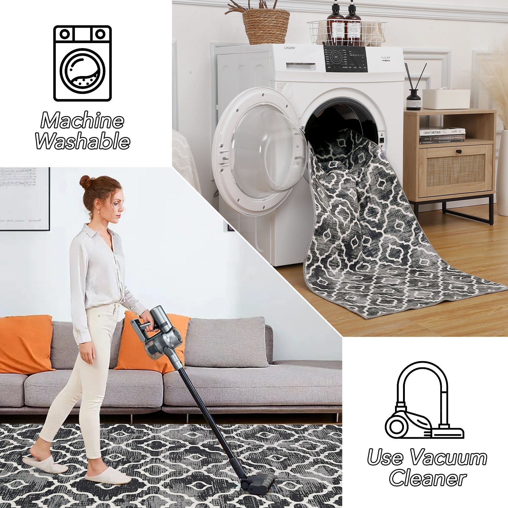 Garvee Runner Rug 2x6 Boho Rug Modern Geometric Rugs for Entryway Hallway Laundry Bathroom Washable Trellis Rug Non Slip Office Carpet Moroccan Bedroom Rug Distressed Area Rugs Low Pile Grey