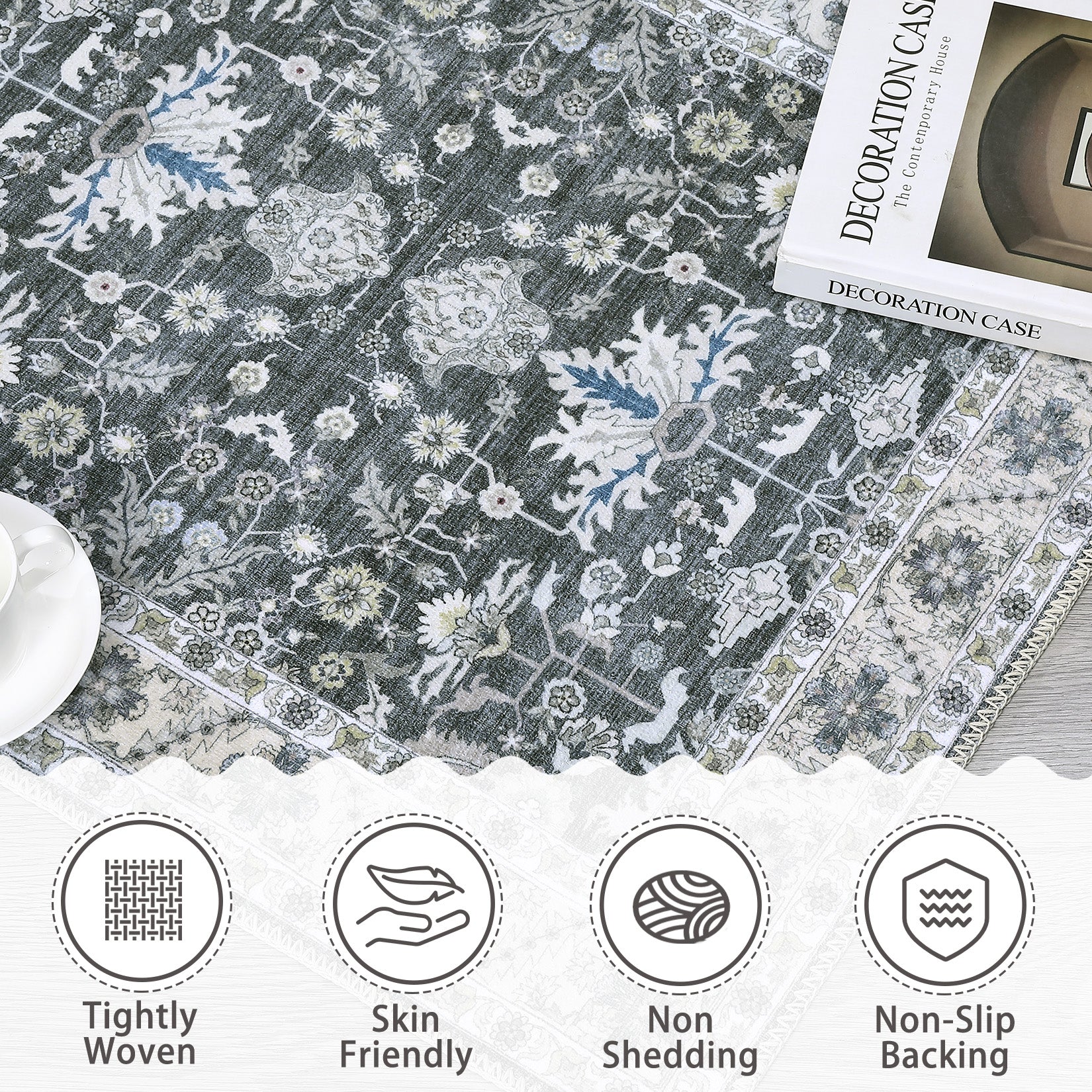 Garvee Washable Rug 8x10 Living Room Area Rug,Indoor Vintage Throw Carpet Mat Distressed Floral Print Bedroom Rugs Lightweight Foldable Thin Rug Non Slip Home Decor Mat for Dining Room Kitchen, Grey