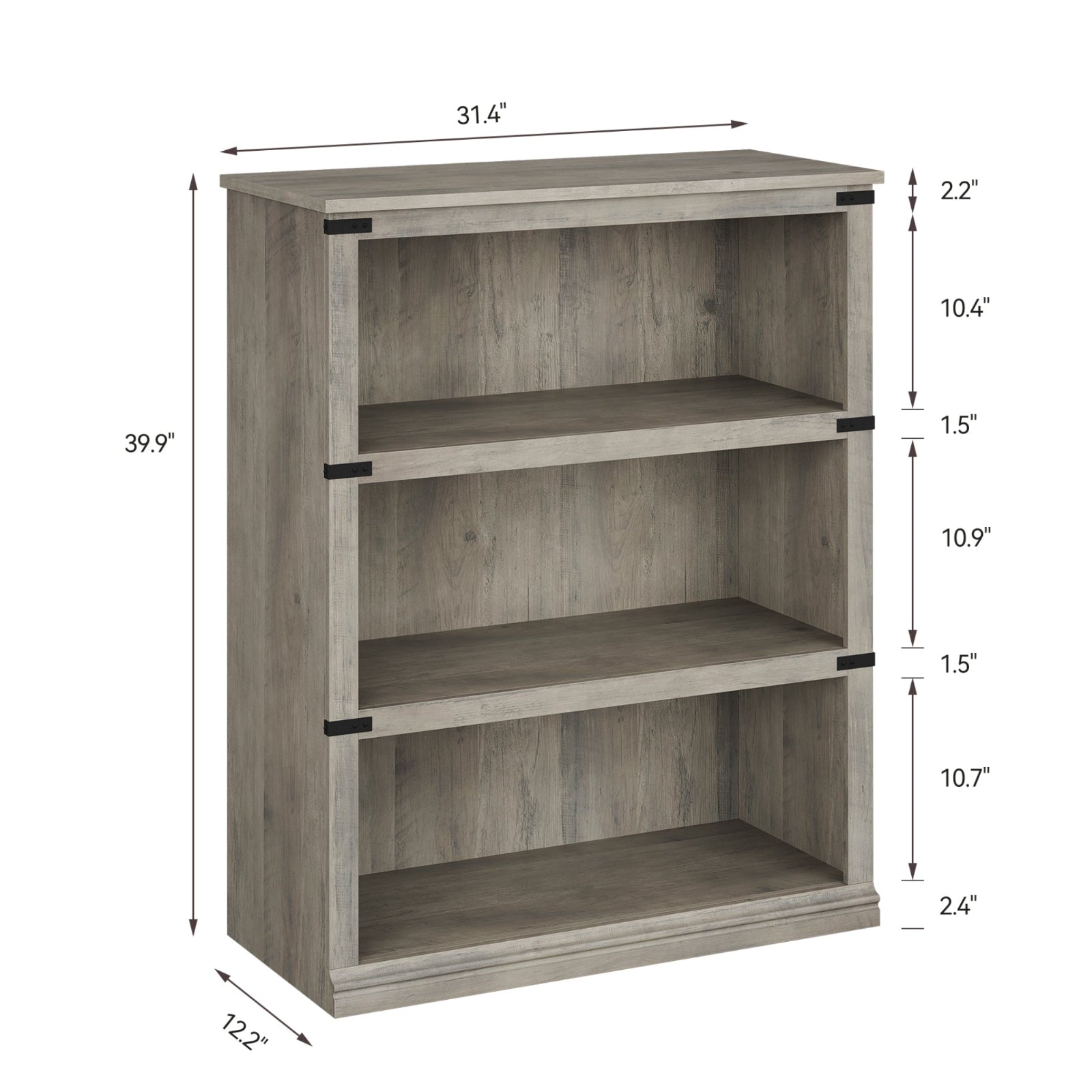 Garvee Farmhouse 3 Tier Bookcase, Open Shelves, MDF Wood, Rustic Grey, 43.3" Low Bookcase, Home Office, Living Room