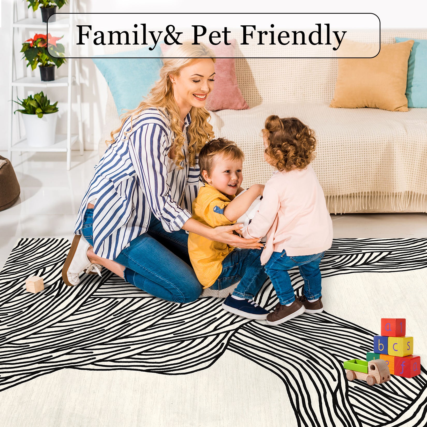 Garvee Modern Black & White 6x9 Striped Area Rug, Curve Design Low Pile Carpet for Living Room Bedroom Office