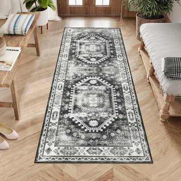 Garvee Washable Runner Rug Black Grey 2x6 Boho Vintage Hallway Rug Runner Traditional Kitchen Runner Oriental Rug Non-Slip Throw Carpet for Entryway Bedroom Laundry Room Foyer