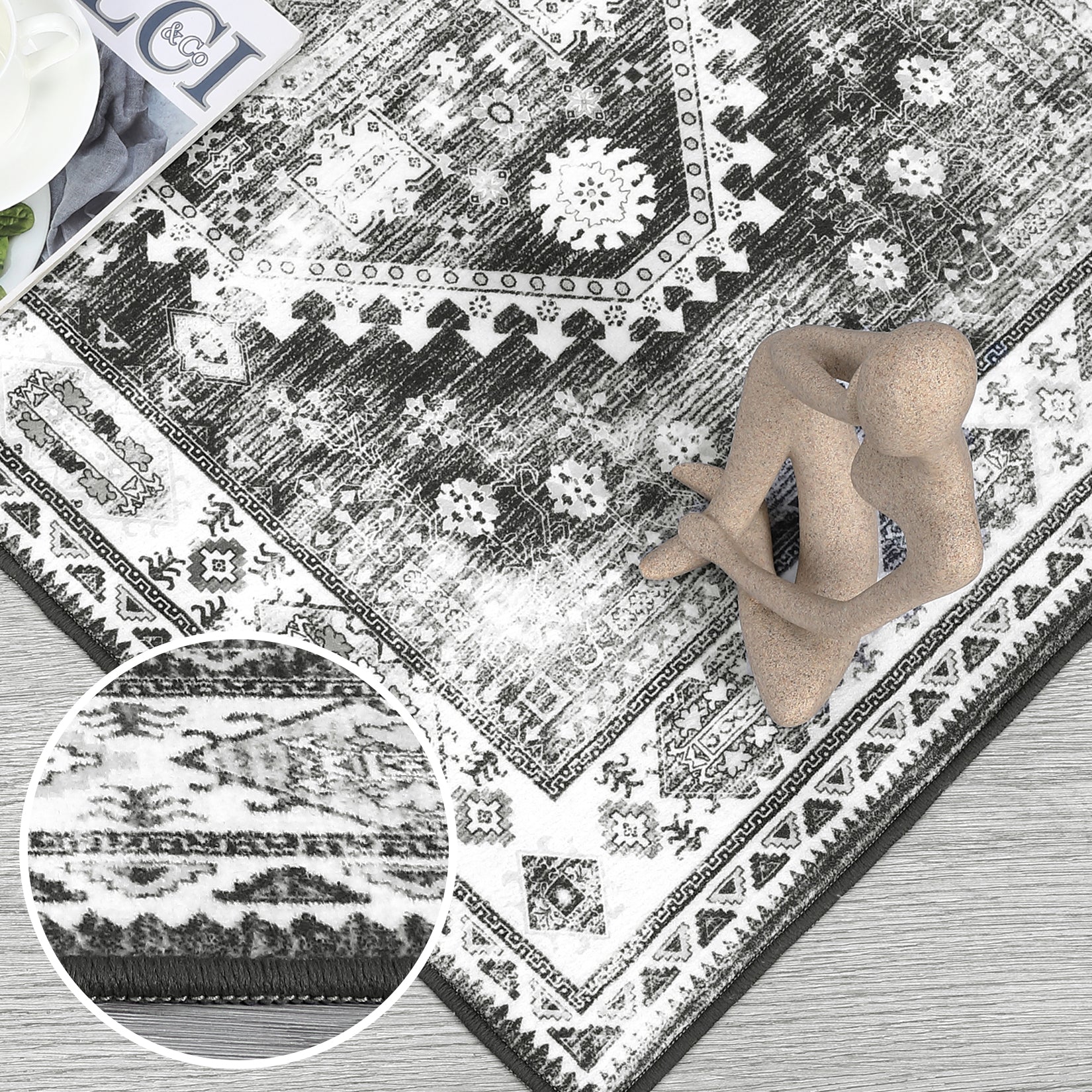 Garvee Washable Runner Rug Black Grey 2x6 Boho Vintage Hallway Rug Runner Traditional Kitchen Runner Oriental Rug Non-Slip Throw Carpet for Entryway Bedroom Laundry Room Foyer