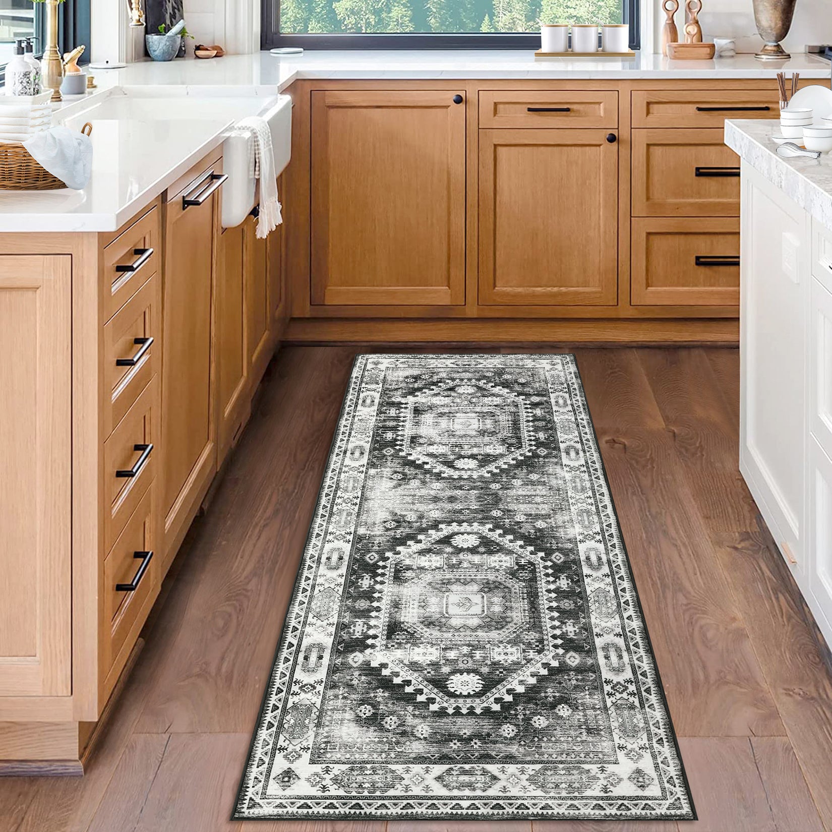 Garvee Washable Runner Rug Black Grey 2x6 Boho Vintage Hallway Rug Runner Traditional Kitchen Runner Oriental Rug Non-Slip Throw Carpet for Entryway Bedroom Laundry Room Foyer
