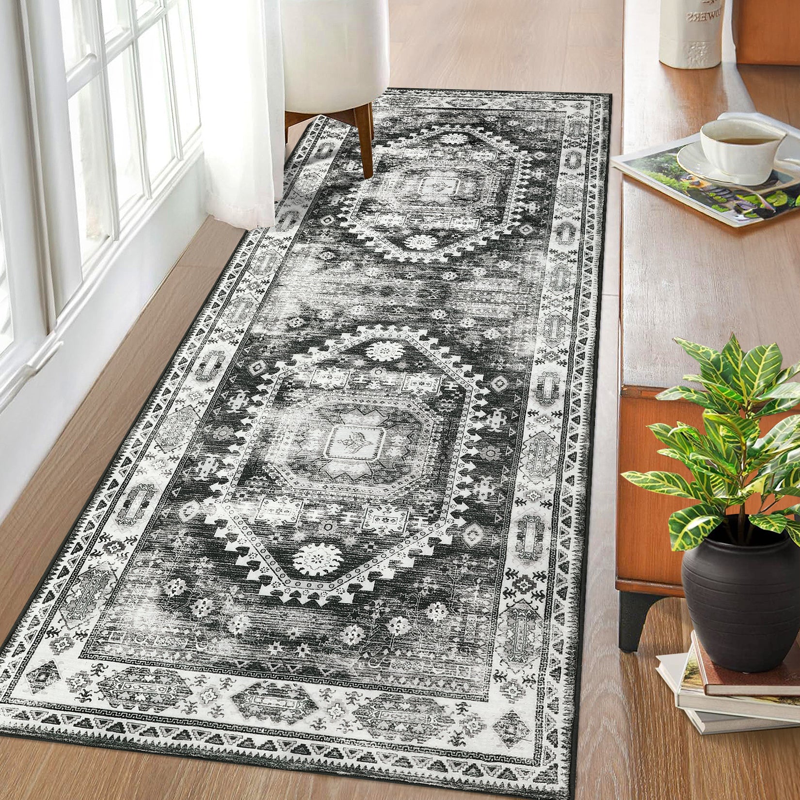 Garvee Washable Runner Rug Black Grey 2x6 Boho Vintage Hallway Rug Runner Traditional Kitchen Runner Oriental Rug Non-Slip Throw Carpet for Entryway Bedroom Laundry Room Foyer