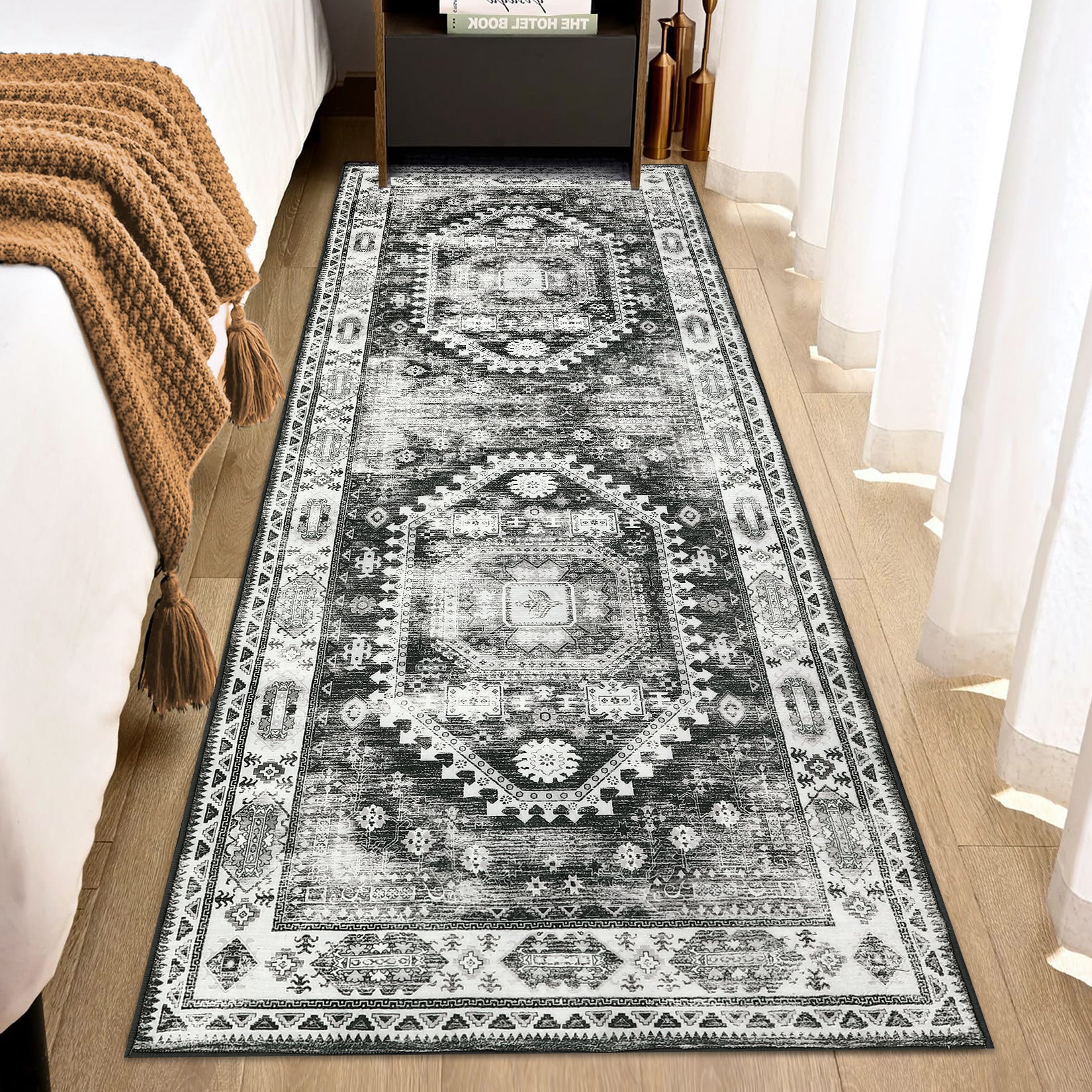 Garvee Washable Runner Rug Black Grey 2x6 Boho Vintage Hallway Rug Runner Traditional Kitchen Runner Oriental Rug Non-Slip Throw Carpet for Entryway Bedroom Laundry Room Foyer