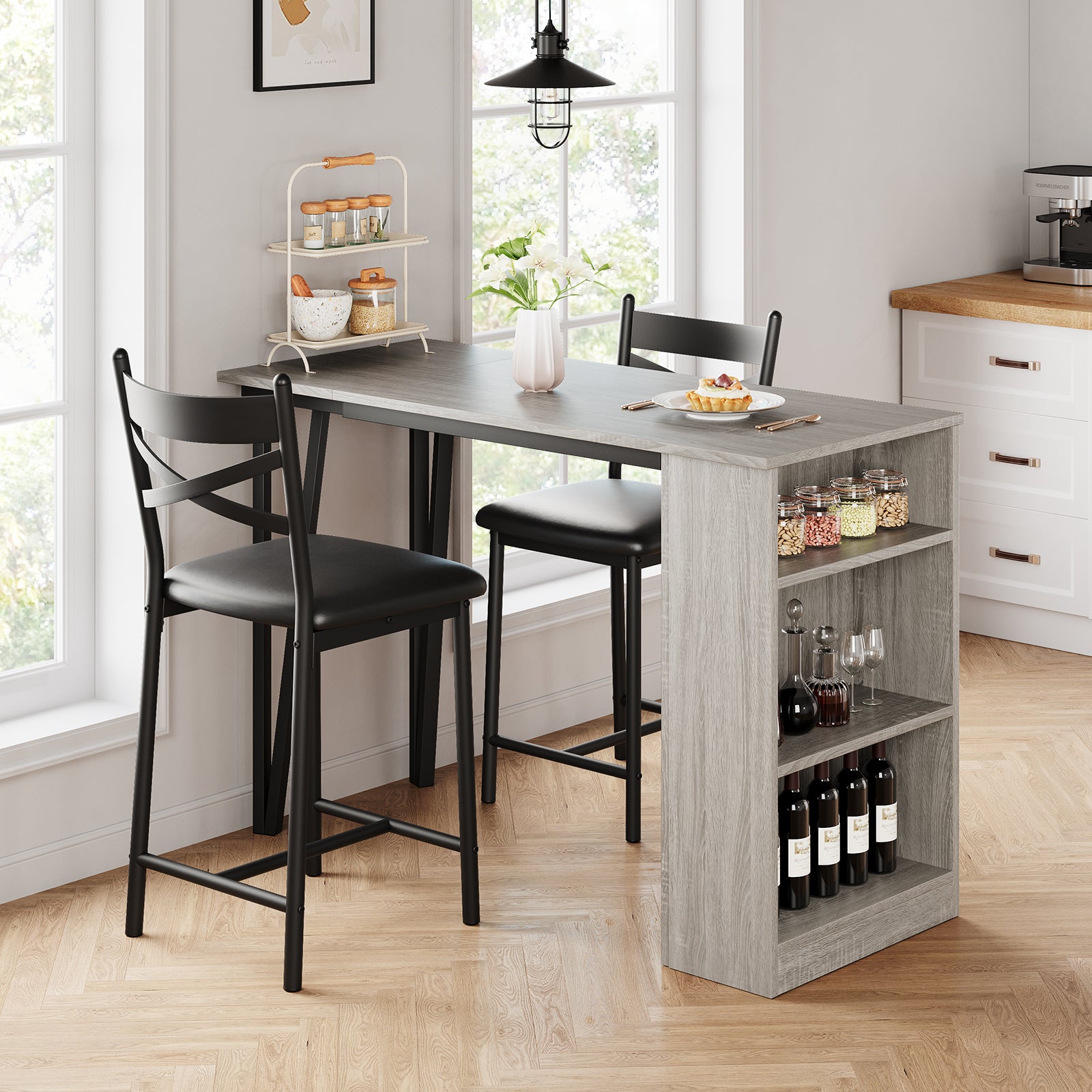 Garvee Dining Table Set for 2, Expandable Bar Table with 3 Storage Shelves, MDF & Metal, Foldable Space-Saving, Easy Assembly, Ideal for Small Spaces, Grey