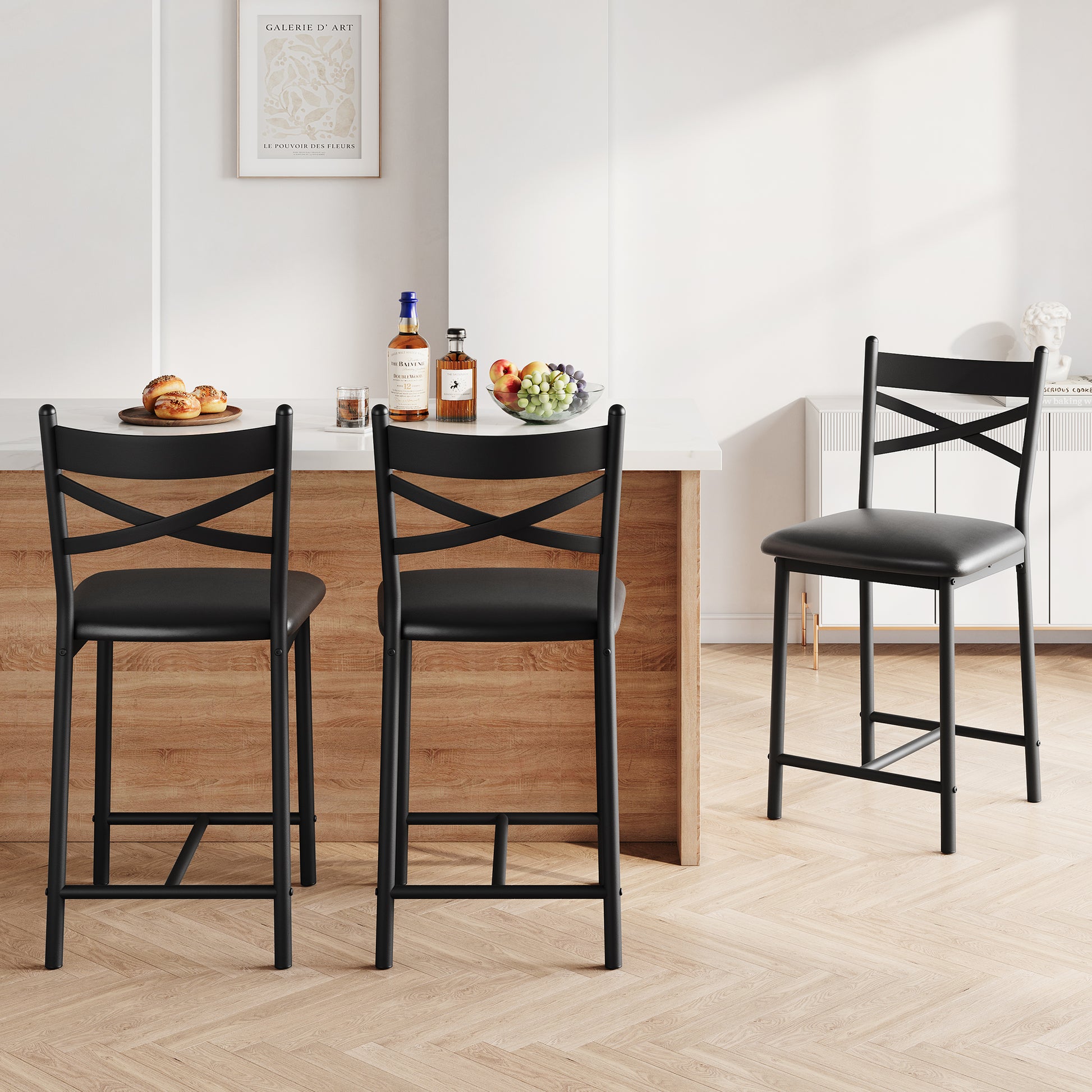 Garvee Bar Stools Set of 2, Counter Height Bar Stools with X Back and Thick Cushion, PU Leather, Metal Barstools for Kitchen Island Apartment Counter Bar, Black