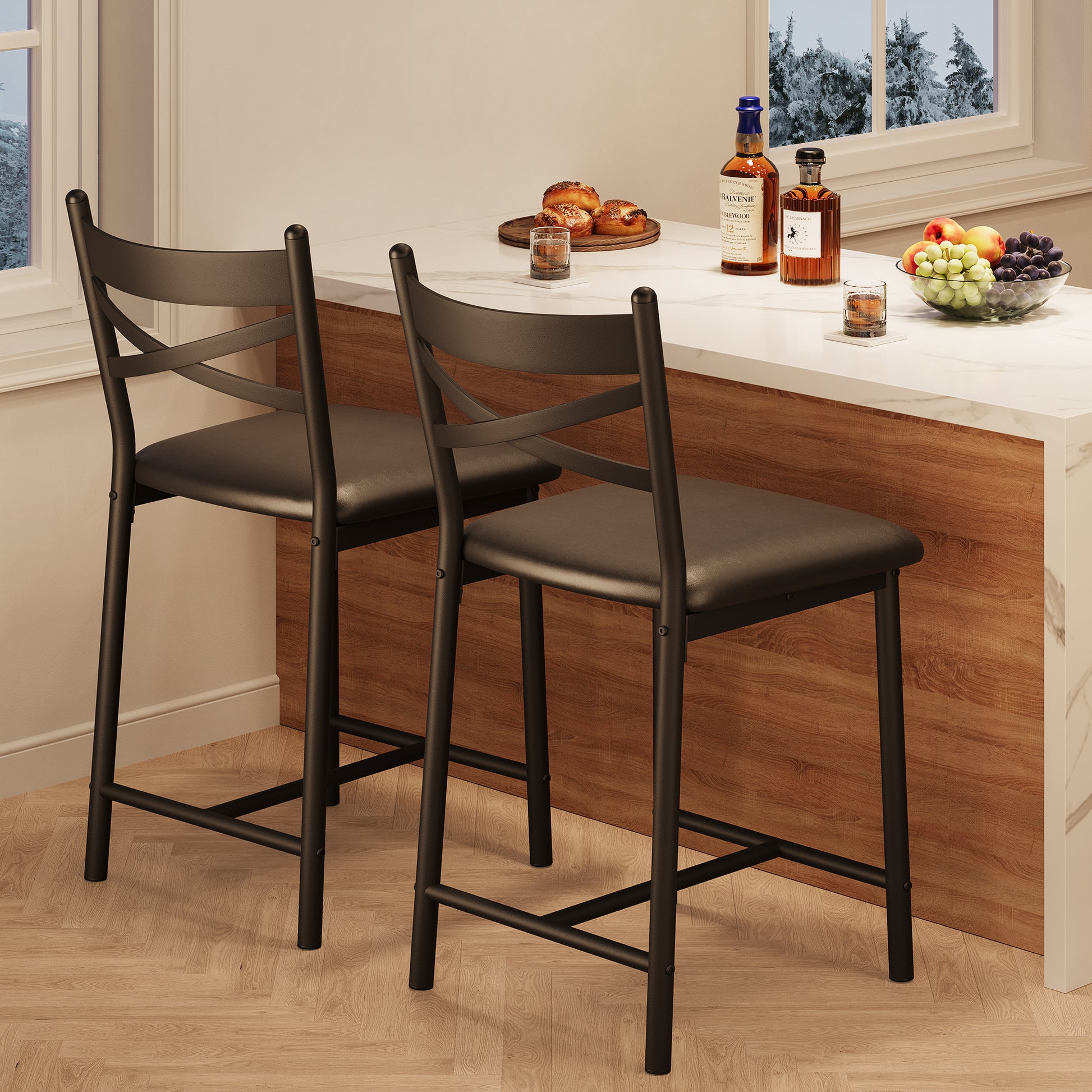 Garvee Bar Stools Set of 2, Counter Height Bar Stools with X Back and Thick Cushion, PU Leather, Metal Barstools for Kitchen Island Apartment Counter Bar, Black