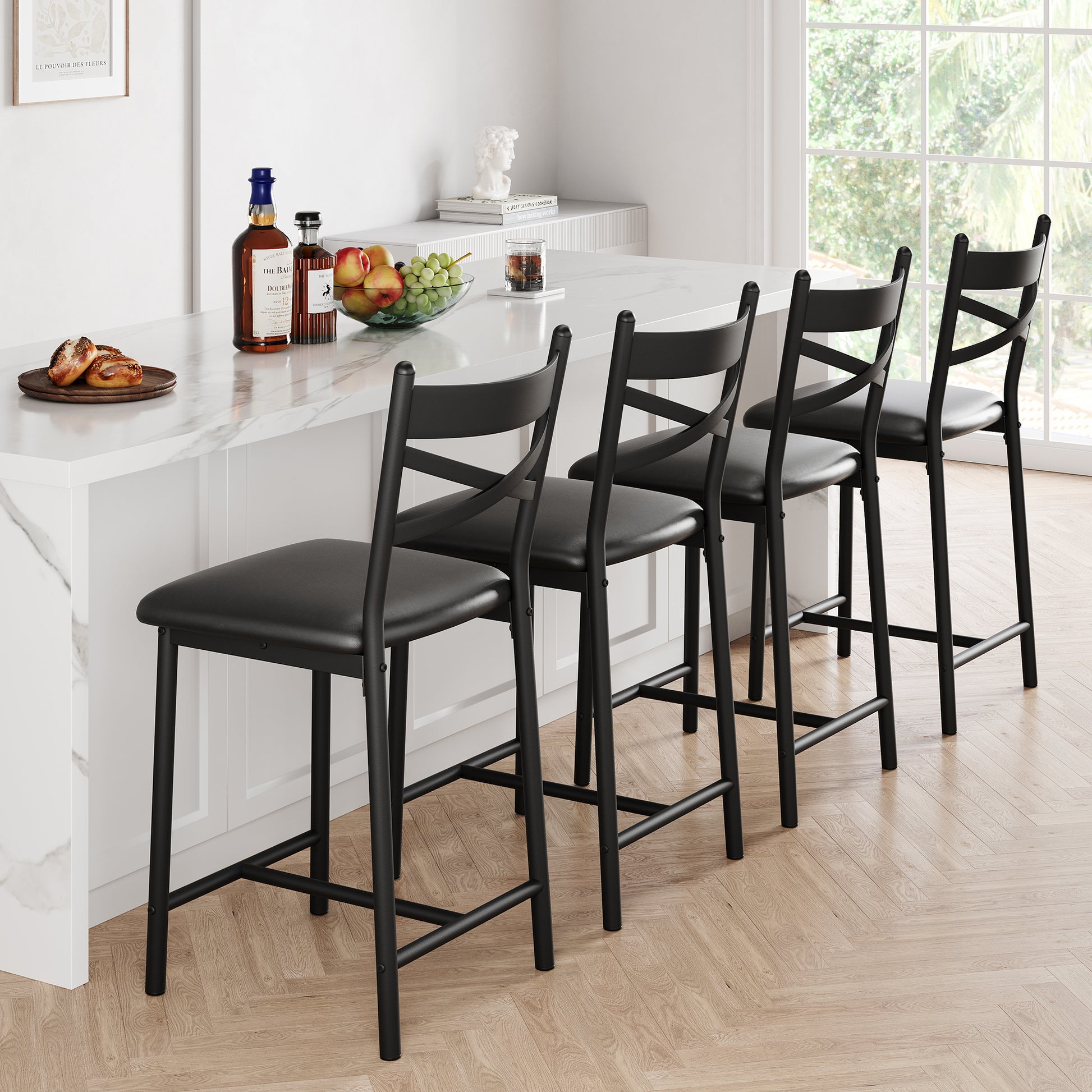 Garvee Bar Stools Set of 2, Counter Height Bar Stools with X Back and Thick Cushion, PU Leather, Metal Barstools for Kitchen Island Apartment Counter Bar, Black