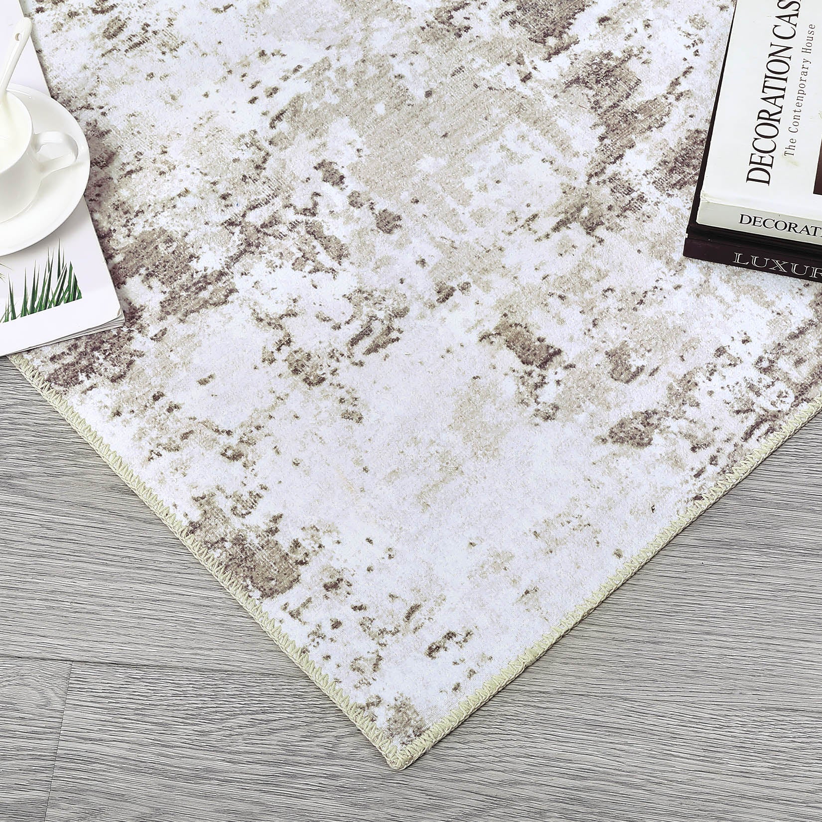 Garvee Abstract Taupe 5x7 Machine Washable Modern Rug Distressed Floor Mat Indoor Soft Floor Cover Low Pile Living Room Rug Non-Shedding Foldable Washable Throw Carpet Non Slip Bedroom Thin Rug Taupe
