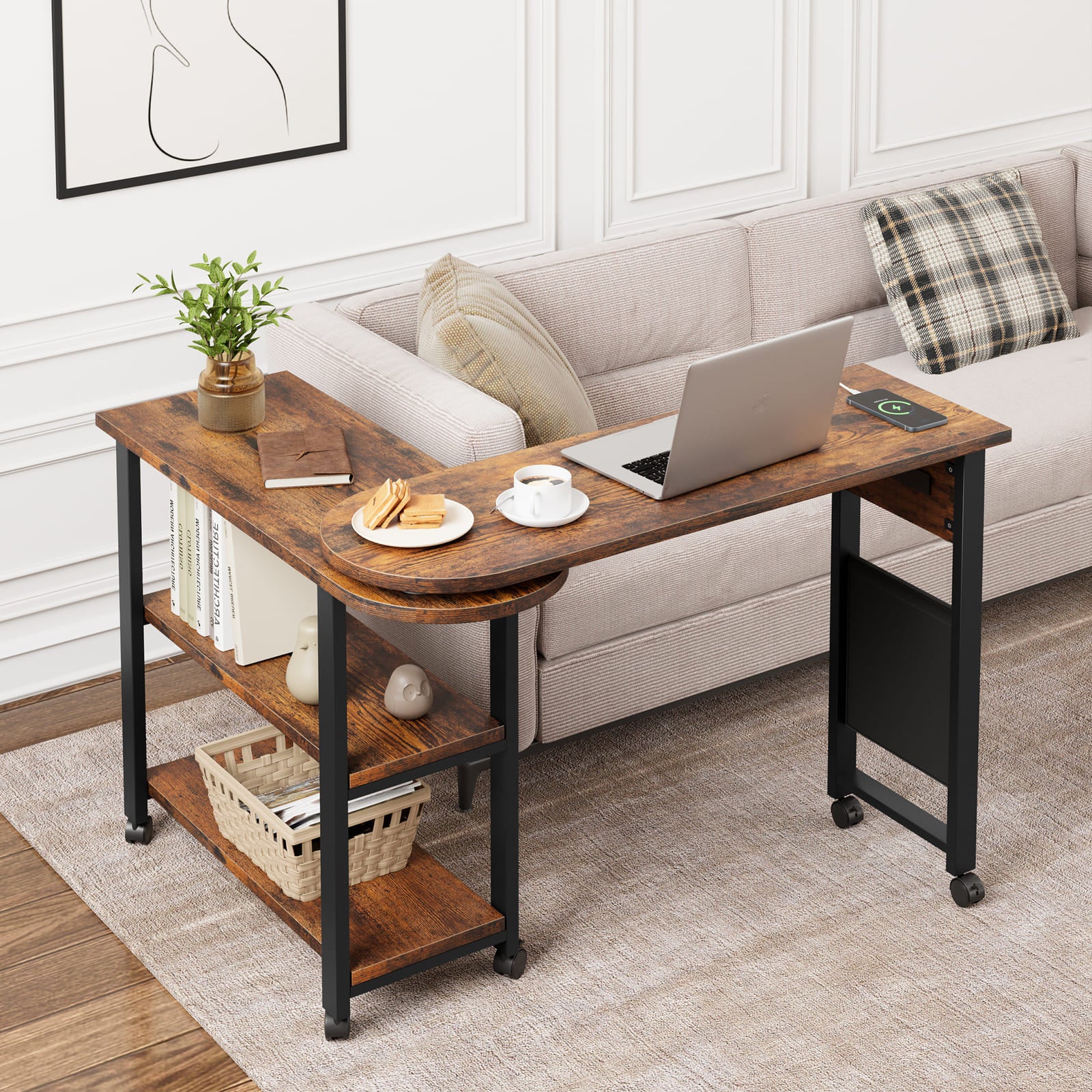 Garvee 360° Rotatable End Table with Charging Station, Extra Storage, Lockable Wheels, MDF & Metal, for Bedroom, Living Room