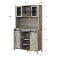 Garvee 70'' Wine Coffee Bar Cabinet with Storage Hutch, Tall Kitchen Pantry Liquor Cabinet with Sliding Barn Doors, Bottle Glasses Rack, Farmhouse Buffet for Home Dining Room, Gray