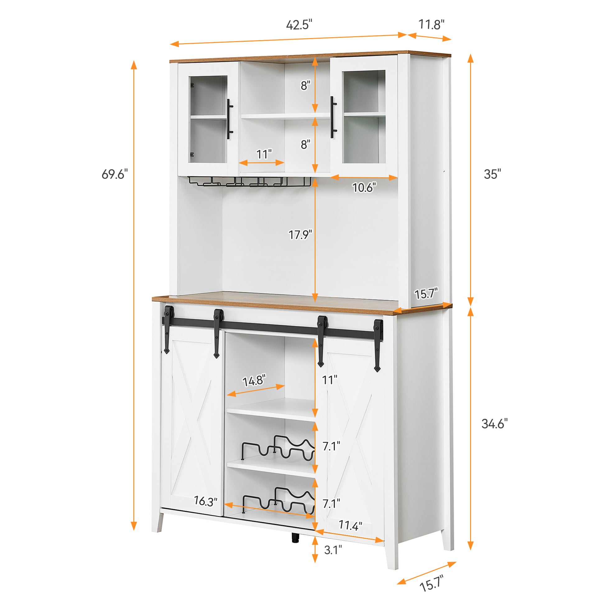 Garvee Farmhouse Wine Cabinet with Sliding Barn Door, 70" Country Wine Cabinet with Wine Rack and Wine Glass Rack, Buffet, Storage Rack, Kitchen Sideboard, Dining Room - White