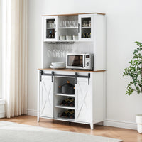 Garvee Farmhouse Wine Cabinet with Sliding Barn Door, 70" Country Wine Cabinet with Wine Rack and Wine Glass Rack, Buffet, Storage Rack, Kitchen Sideboard, Dining Room - White