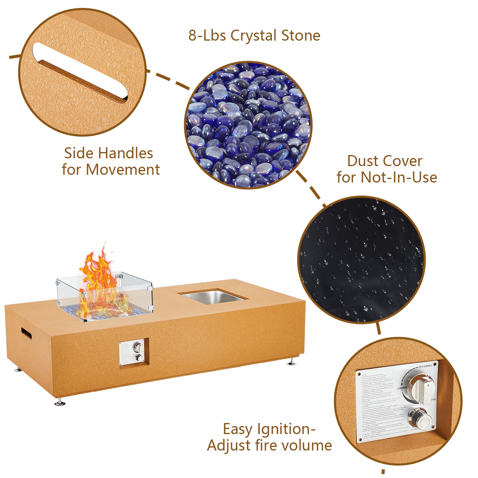 Garvee 56" 50000 BTU Propane Fire Pit Table with 13" Square Ice Bucket, Wind Guard, Fire Glass Beads, CSA Certified Outdoor Firepit - Orange