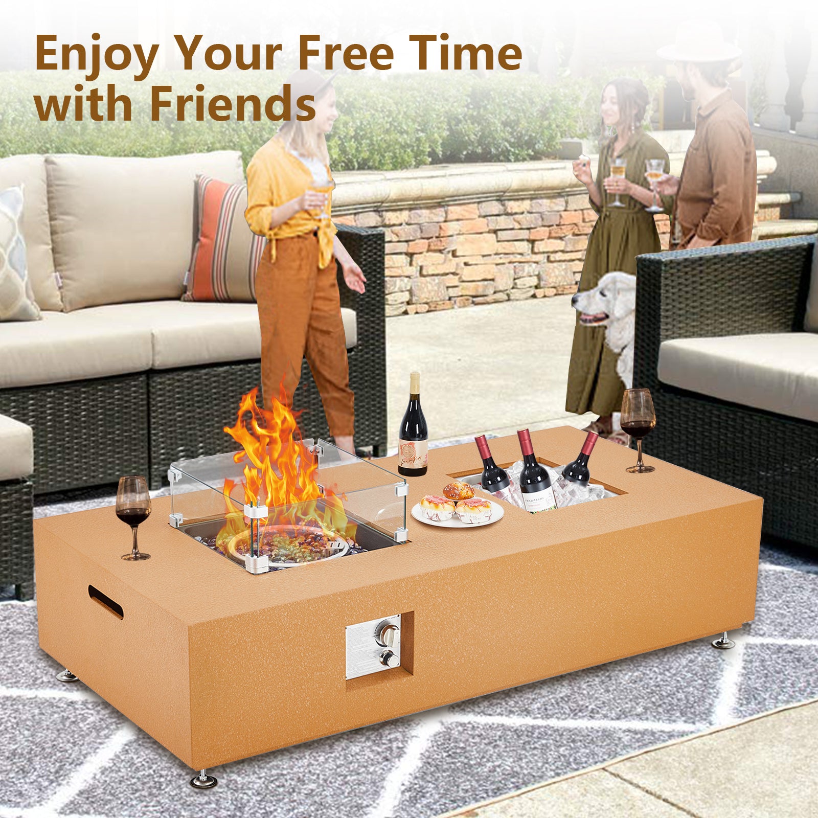 Garvee 56" 50000 BTU Propane Fire Pit Table with 13" Square Ice Bucket, Wind Guard, Fire Glass Beads, CSA Certified Outdoor Firepit - Orange