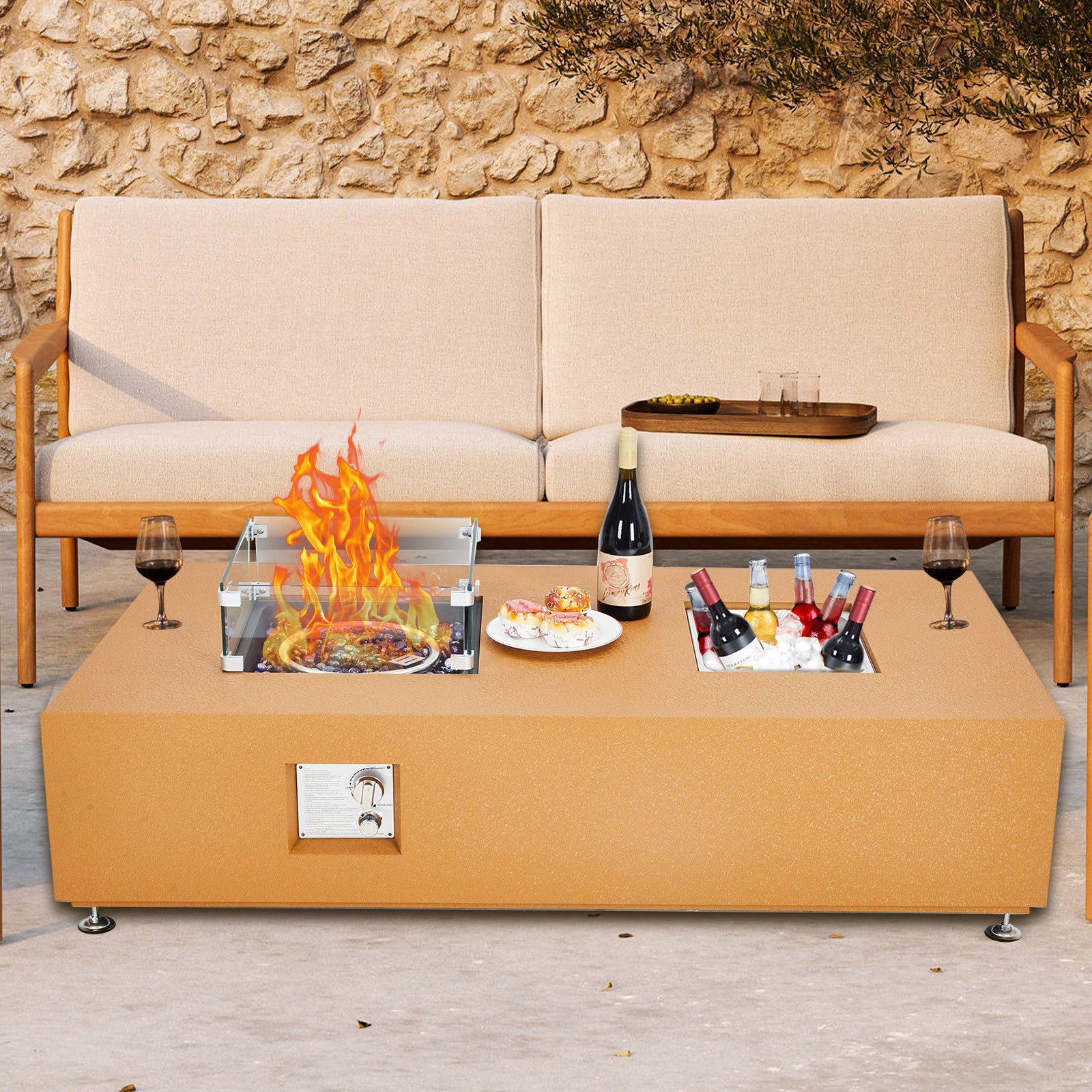 Garvee 56" 50000 BTU Propane Fire Pit Table with 13" Square Ice Bucket, Wind Guard, Fire Glass Beads, CSA Certified Outdoor Firepit - Orange