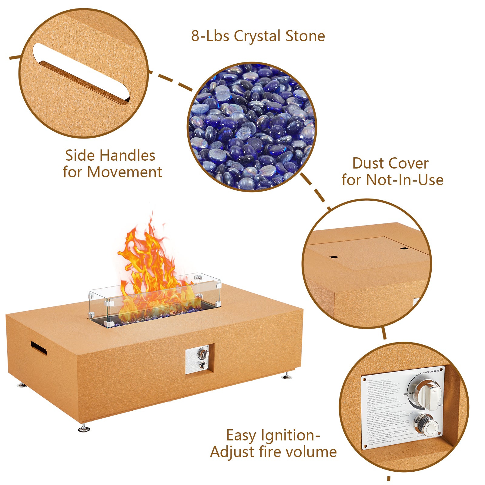 Garvee 48" 50000 BTU Propane Fire Pit Table with 13" Square Ice Bucket, Wind Guard, Fire Glass Beads, CSA Certified Outdoor Firepit, Orange