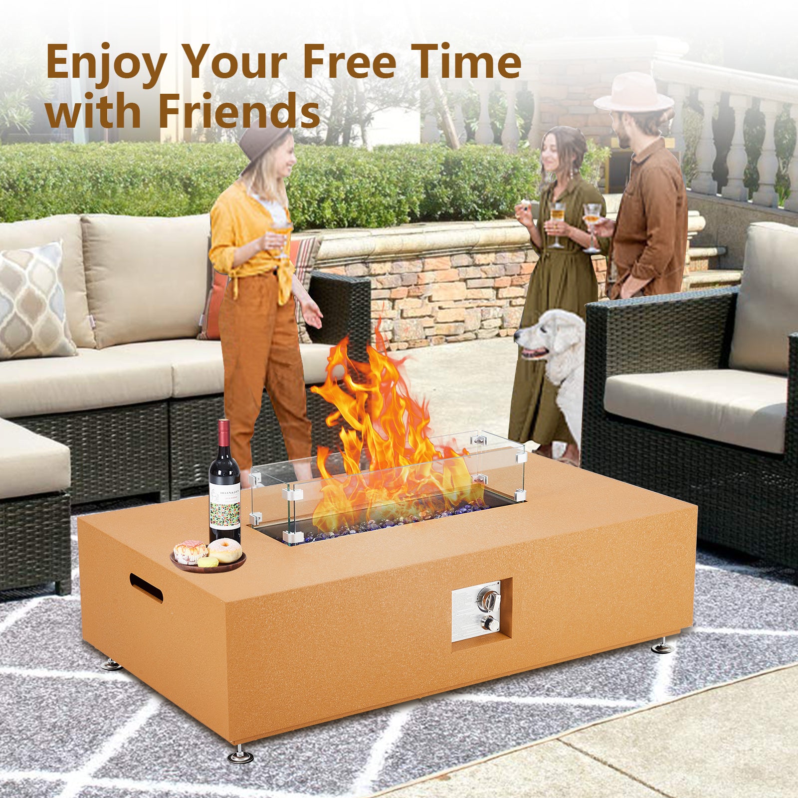 Garvee 48" 50000 BTU Propane Fire Pit Table with 13" Square Ice Bucket, Wind Guard, Fire Glass Beads, CSA Certified Outdoor Firepit, Orange