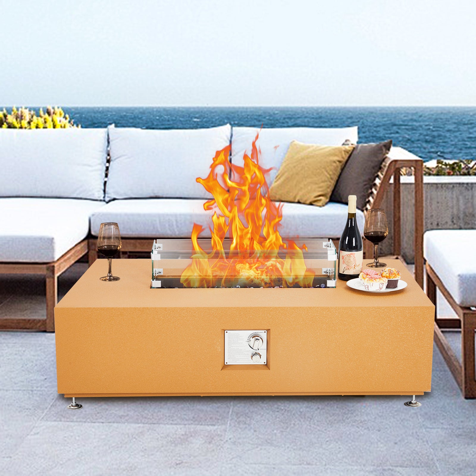Garvee 48" 50000 BTU Propane Fire Pit Table with 13" Square Ice Bucket, Wind Guard, Fire Glass Beads, CSA Certified Outdoor Firepit, Orange