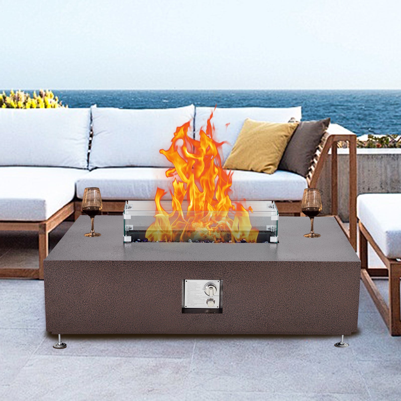 Garvee 48" 50000 BTU Propane Fire Pit Table with 13" Square Ice Bucket, Wind Guard, Fire Glass Beads, CSA Certified Outdoor Firepit - Bronze
