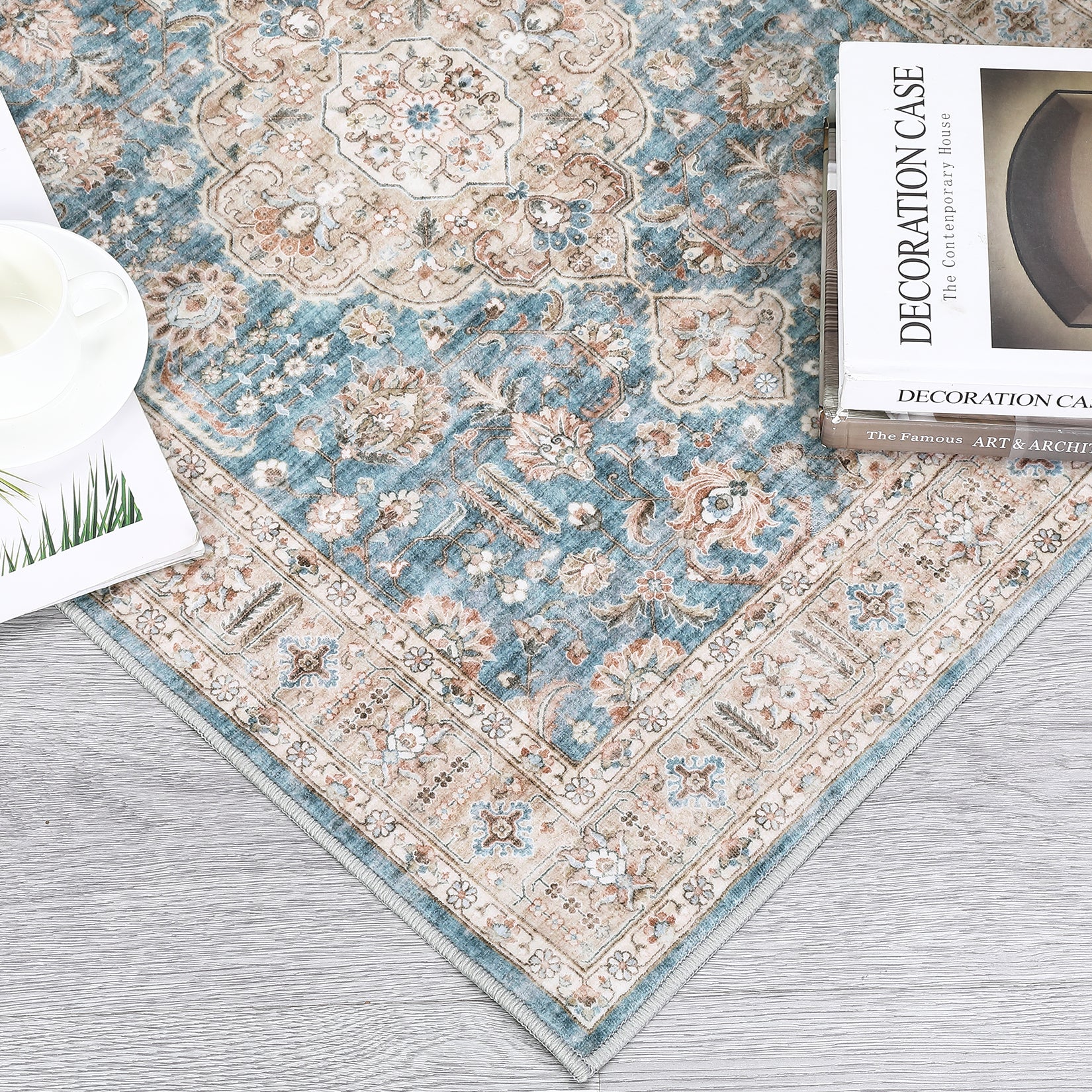 Garvee Area Rug Living Room Rug 10x13 Washable Rug Non Slip Backing Vintage Rug Soft Indoor Distressed Carpet Oriental Aesthetic Throw Carpet Foldable Thin Rug for Bedroom Nursery Dorm Office Blue