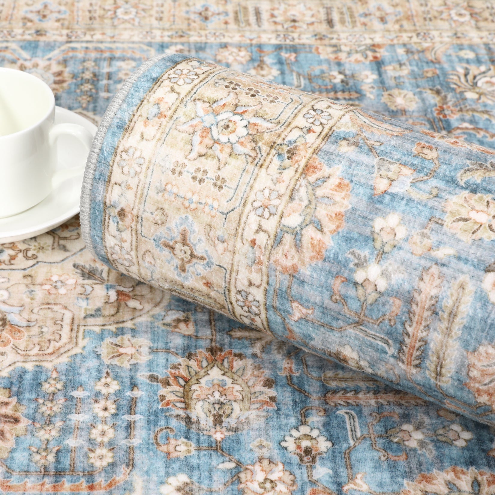 Garvee Area Rug Living Room Rug 10x13 Washable Rug Non Slip Backing Vintage Rug Soft Indoor Distressed Carpet Oriental Aesthetic Throw Carpet Foldable Thin Rug for Bedroom Nursery Dorm Office Blue
