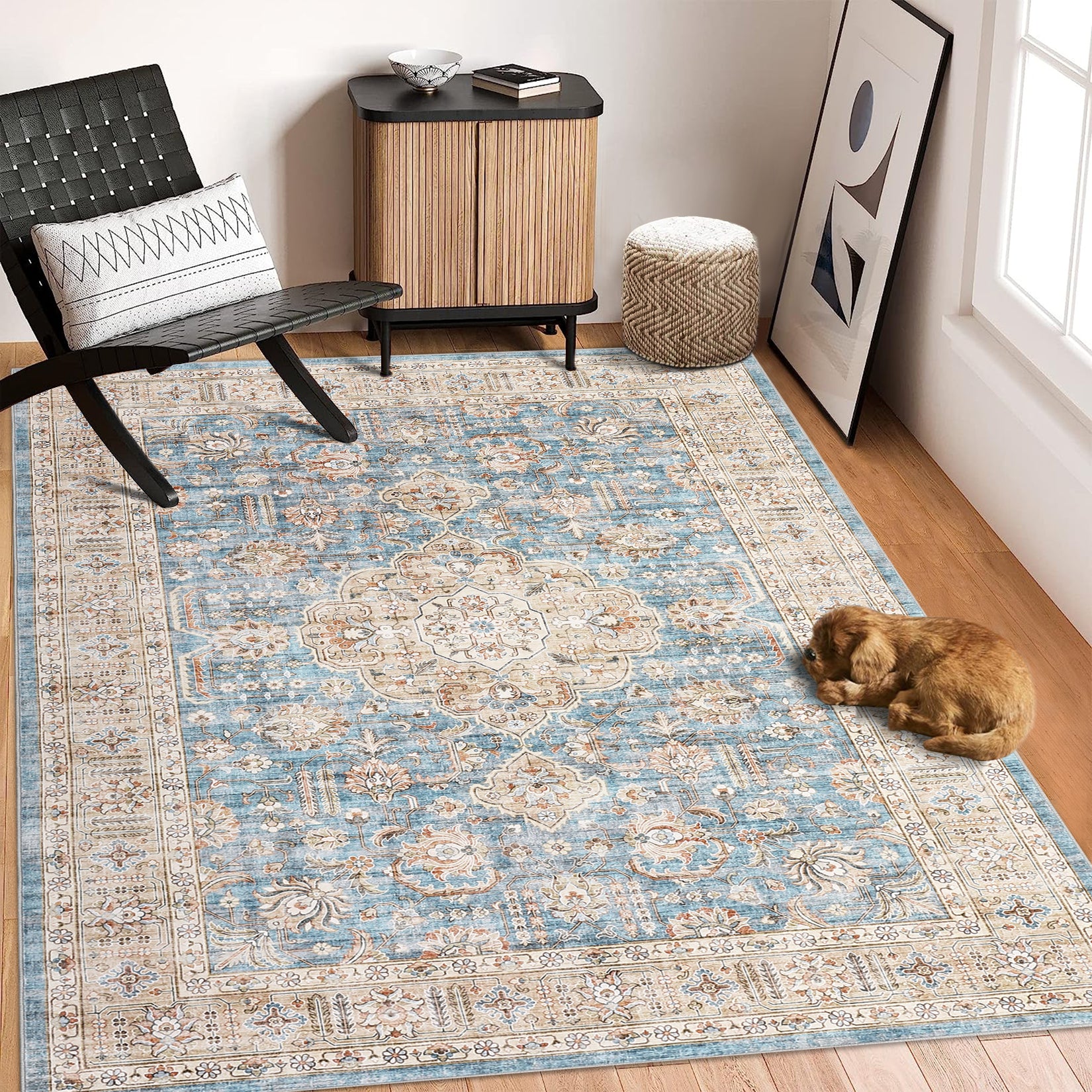 Garvee Area Rug Living Room Rug 10x13 Washable Rug Non Slip Backing Vintage Rug Soft Indoor Distressed Carpet Oriental Aesthetic Throw Carpet Foldable Thin Rug for Bedroom Nursery Dorm Office Blue