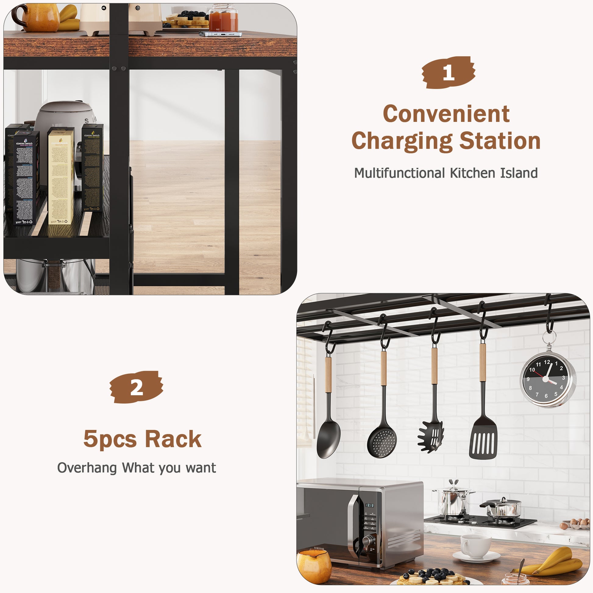 Garvee 42 inch Kitchen Island Bakers Rack 5 Hooks 3 Tier Microwave Stand Oven Shelf with Storage,Large Coffee Bar Table, Storage Shelf for Kitchen Dining Room Living Room