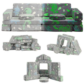 Garvee 12 Piece Modular Kids Couch, Convertible Dinosaur Glow in The Dark Sofa for Play, Sleep, and Imagination in Bedroom or Playroom for Boys and Girls