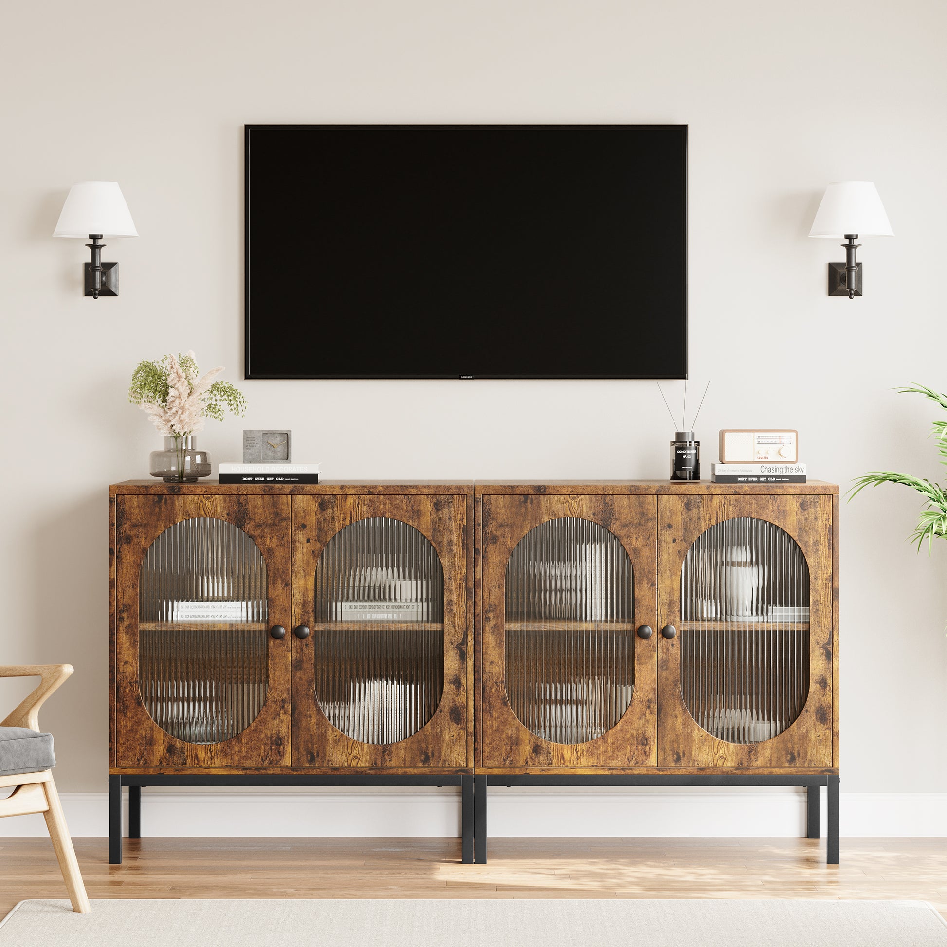 Garvee Buffet Cabinet, Storage Cabinet with Glass Doors and Adjustable Shelves, Farmhouse Cabinet Sideboard, Wood Console Cabinet for Kitchen, Living Room and Dining Room, Brown