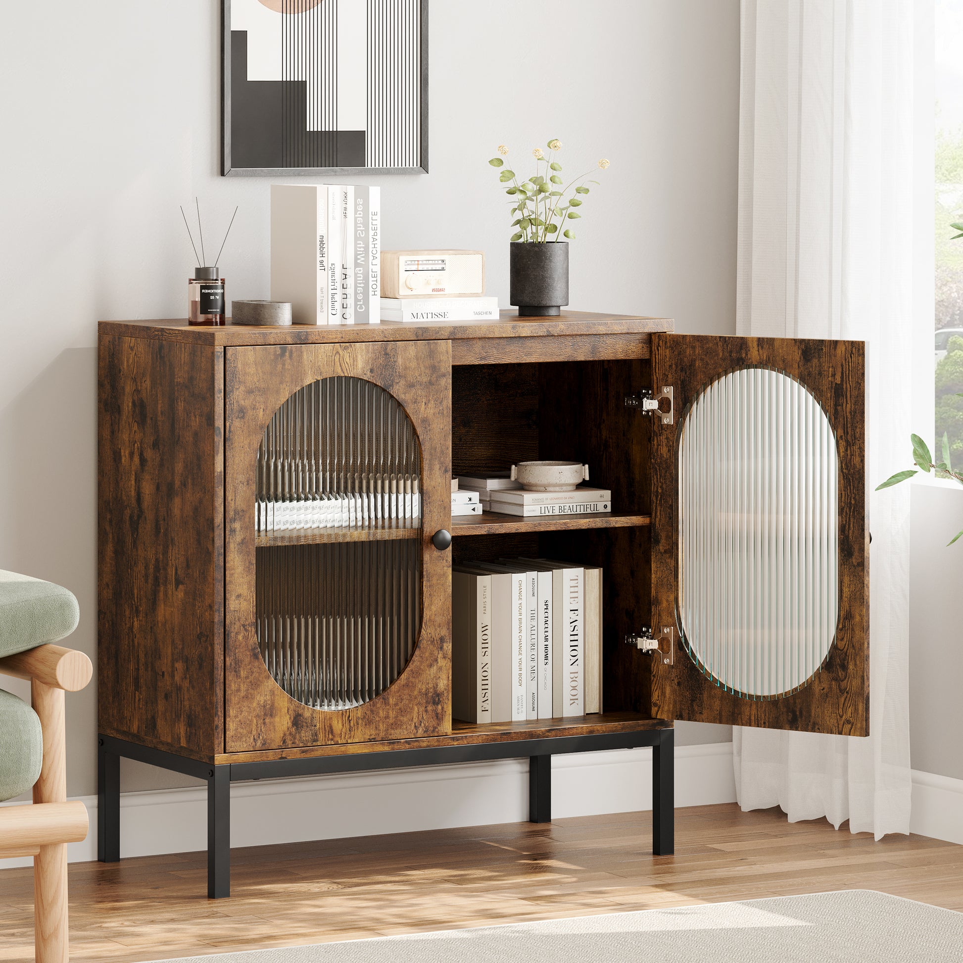 Garvee Buffet Cabinet, Storage Cabinet with Glass Doors and Adjustable Shelves, Farmhouse Cabinet Sideboard, Wood Console Cabinet for Kitchen, Living Room and Dining Room, Brown
