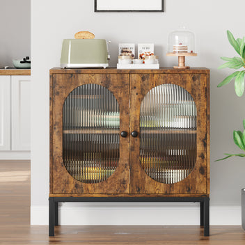 Garvee Buffet Cabinet, Storage Cabinet with Glass Doors and Adjustable Shelves, Farmhouse Cabinet Sideboard, Wood Console Cabinet for Kitchen, Living Room and Dining Room, Brown