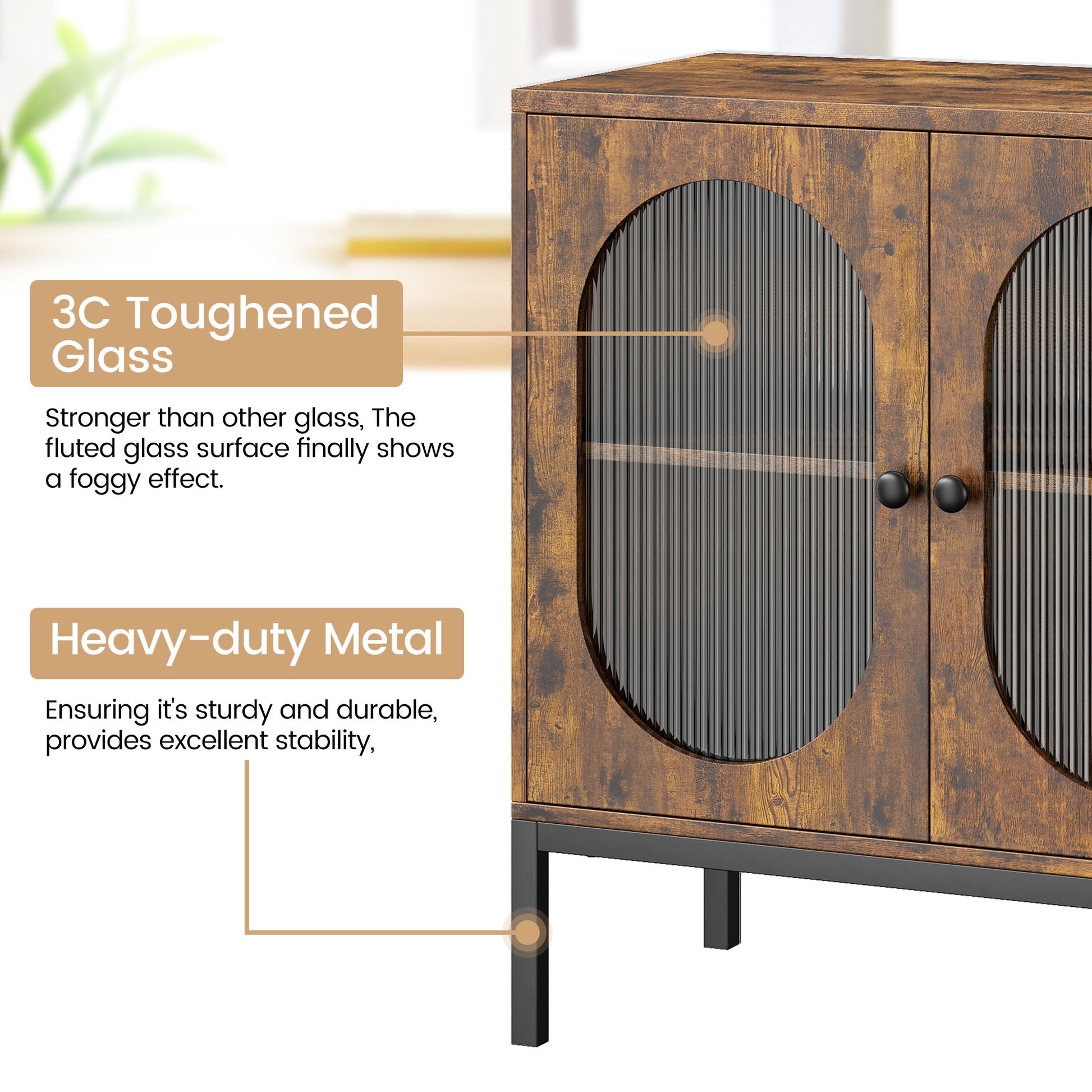 Garvee Buffet Cabinet, Storage Cabinet with Glass Doors and Adjustable Shelves, Farmhouse Cabinet Sideboard, Wood Console Cabinet for Kitchen, Living Room and Dining Room, Brown