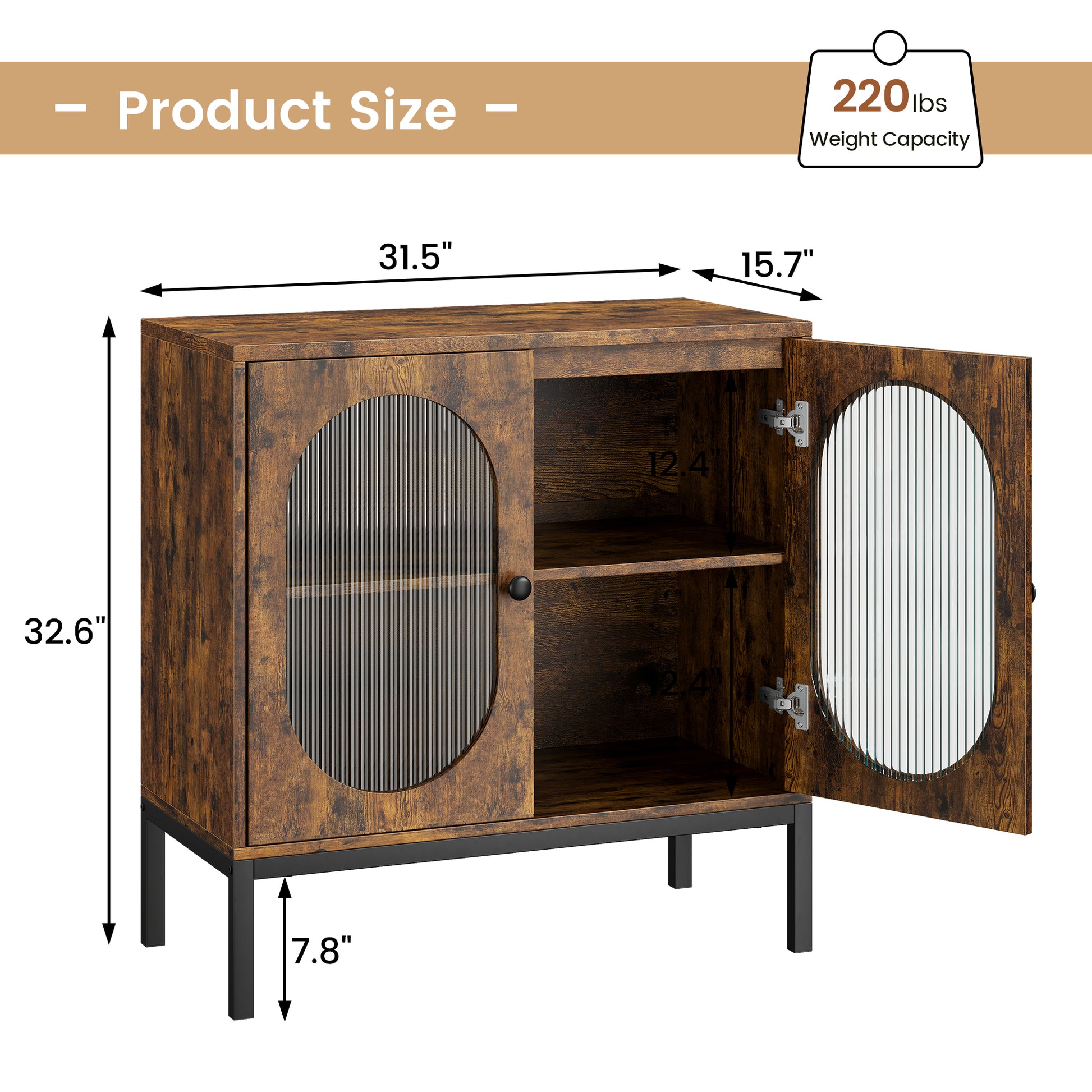 Garvee Buffet Cabinet, Storage Cabinet with Glass Doors and Adjustable Shelves, Farmhouse Cabinet Sideboard, Wood Console Cabinet for Kitchen, Living Room and Dining Room, Brown