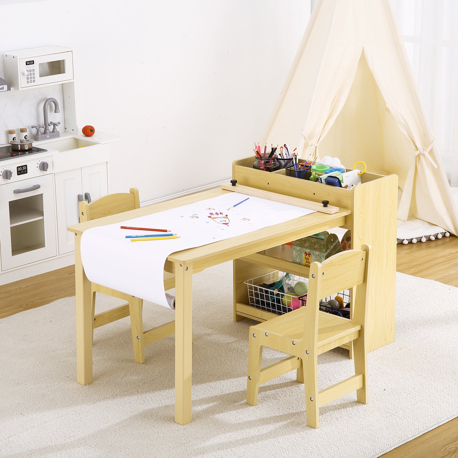 Garvee Kids Art Table with 2 Chairs, Toddler Craft Play Wood Activity Desk with Large Storage Shelves,Wood Activity Desk for Writing Drawing Suitable for Nursery & Classroom - Natural