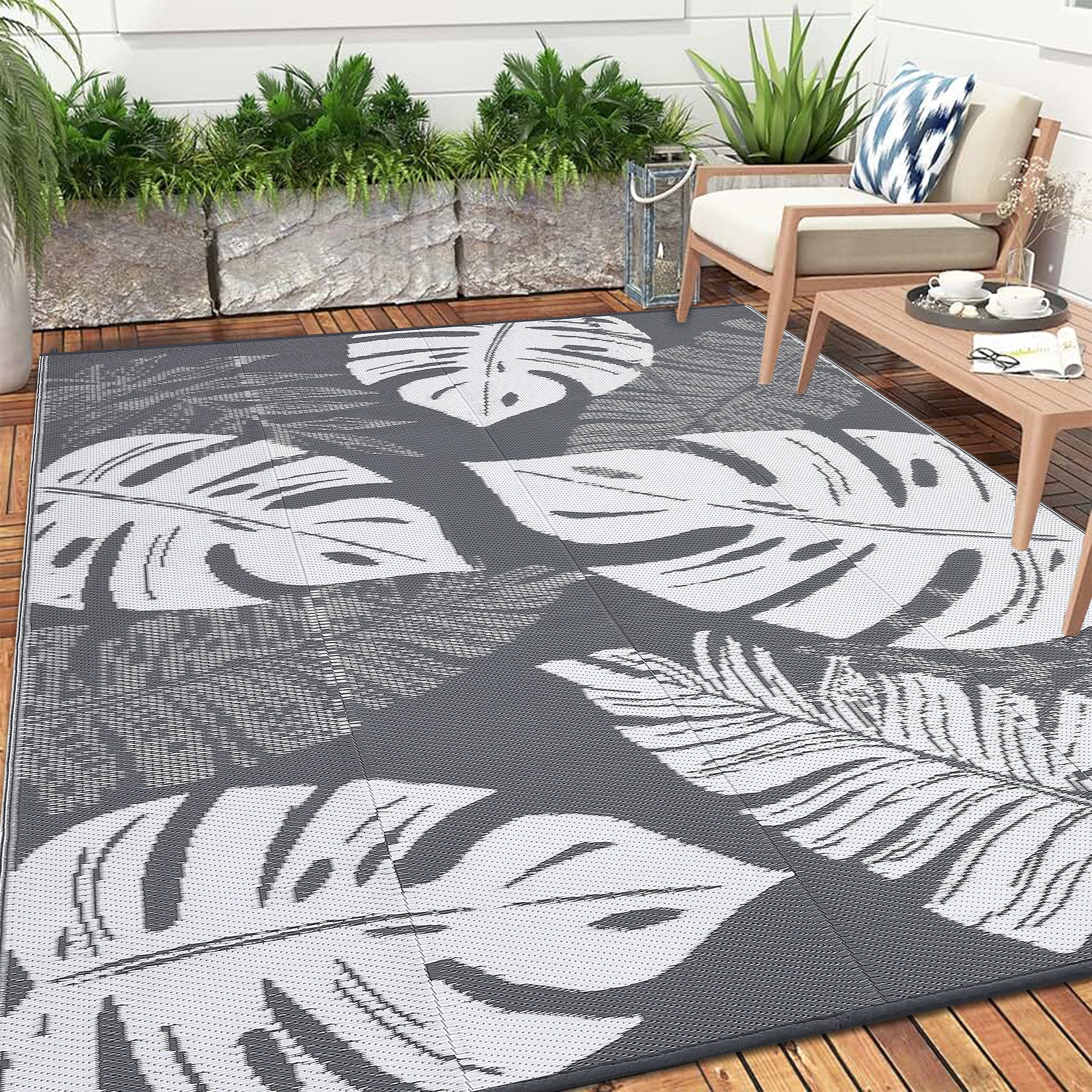 Garvee Outdoor Grey & White 9x12 Rug Waterproof Reversible Outdoor Plastic Straw Rug Tropics Palm Leaves Patio Rug Indoor Outdoor Carpet RV Mat for Deck Backyard Patio RV Camping Beach