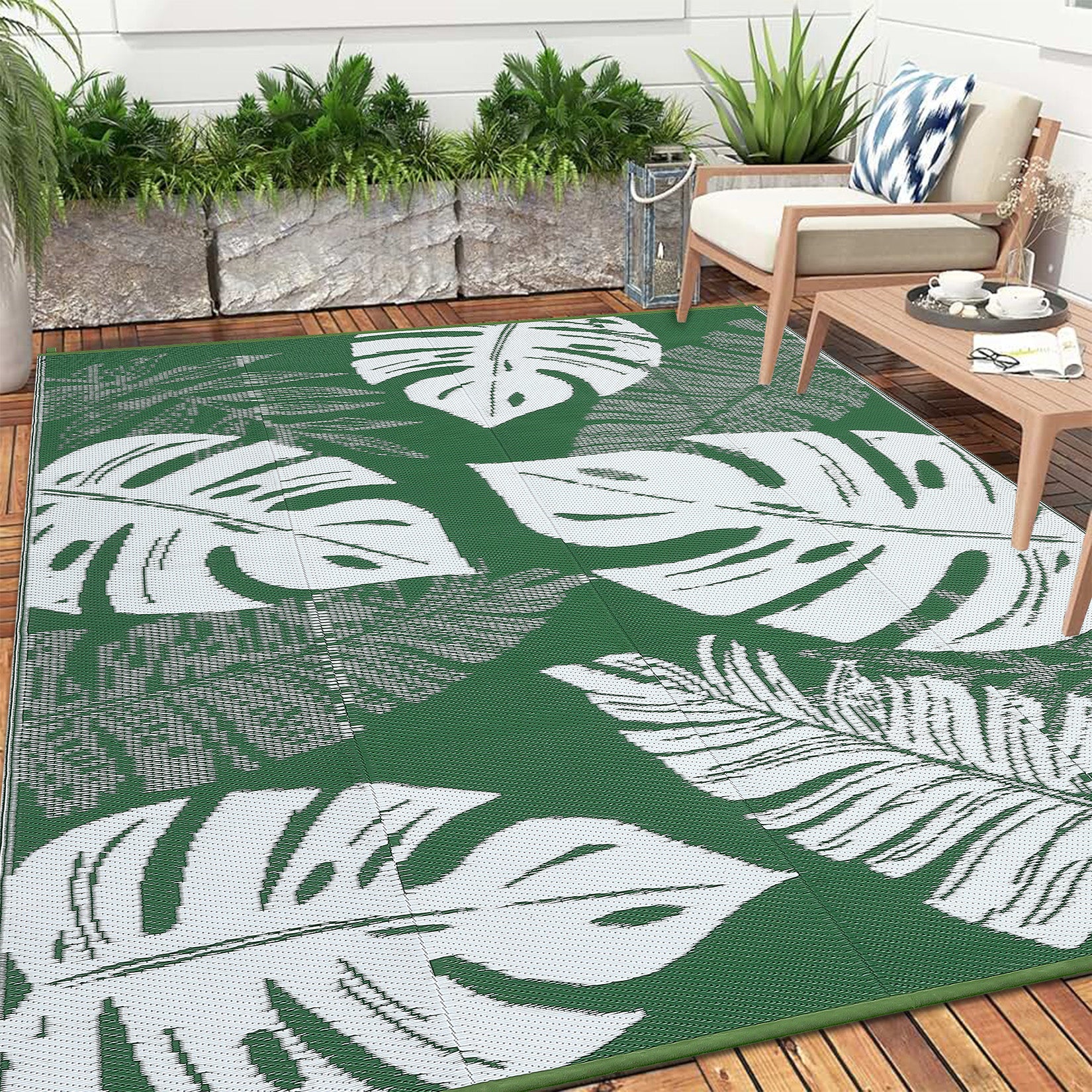 Garvee 9x12 Outdoor Rug Waterproof Reversible Plastic Straw Patio Rug with Tropical Palm Leaves, Lightweight Indoor Outdoor Carpet for Deck, RV, Camping & Beach, Green