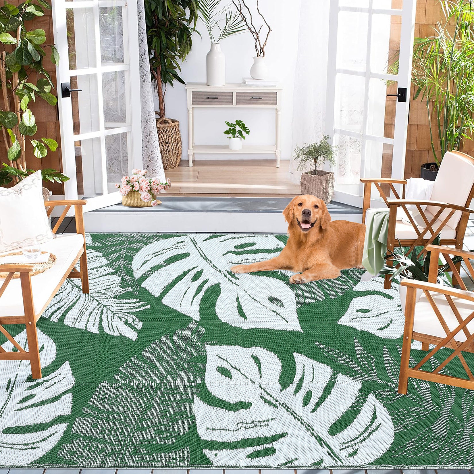 Garvee 9x12 Outdoor Rug Waterproof Reversible Plastic Straw Patio Rug with Tropical Palm Leaves, Lightweight Indoor Outdoor Carpet for Deck, RV, Camping & Beach, Green