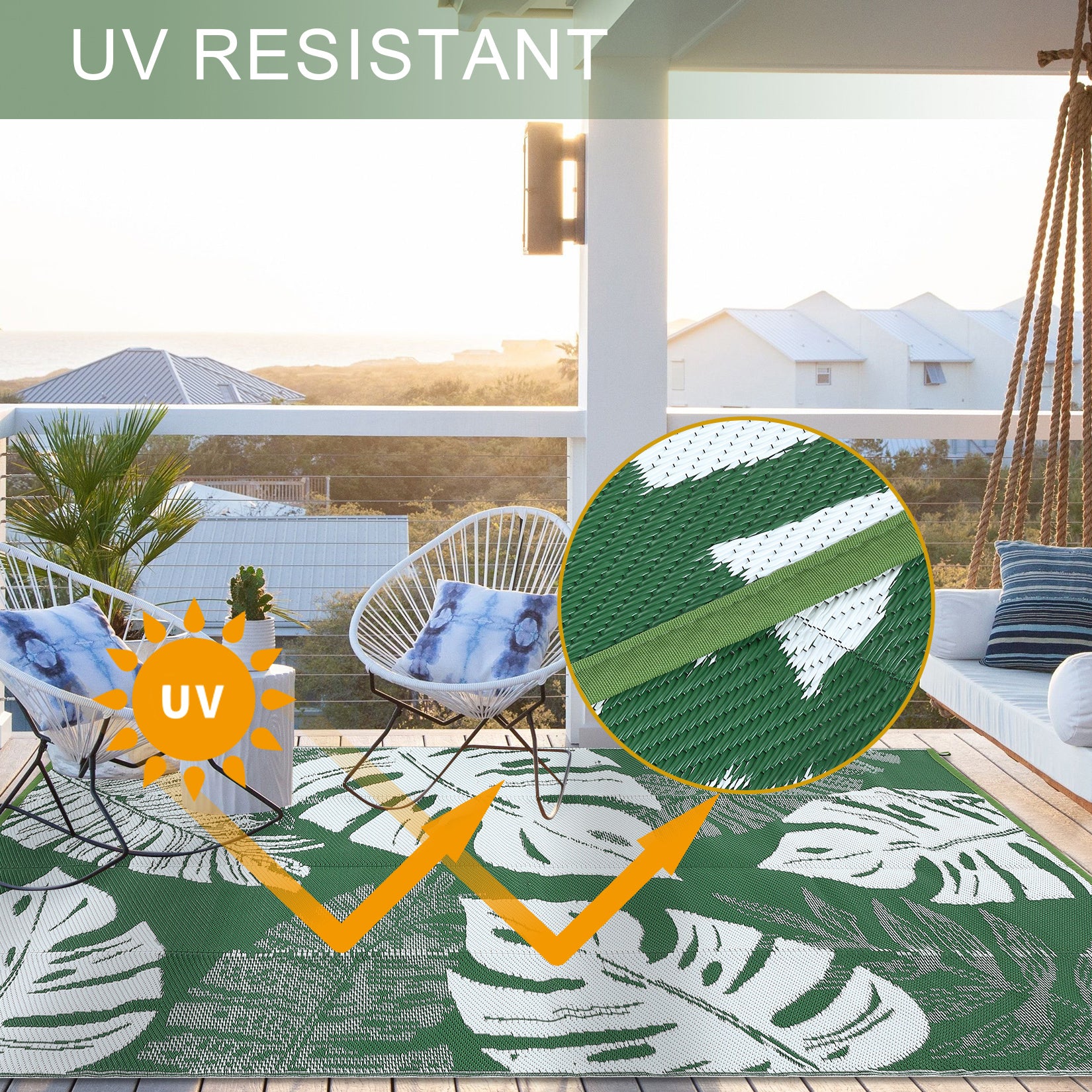 Garvee 9x12 Outdoor Rug Waterproof Reversible Plastic Straw Patio Rug with Tropical Palm Leaves, Lightweight Indoor Outdoor Carpet for Deck, RV, Camping & Beach, Green