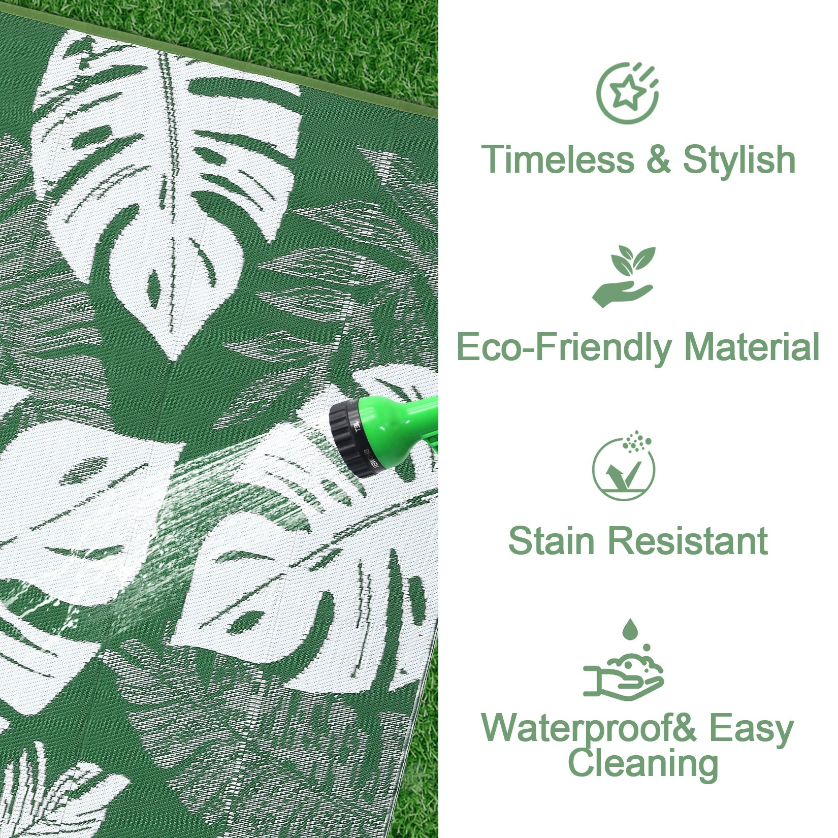 Garvee 9x12 Outdoor Rug Waterproof Reversible Plastic Straw Patio Rug with Tropical Palm Leaves, Lightweight Indoor Outdoor Carpet for Deck, RV, Camping & Beach, Green