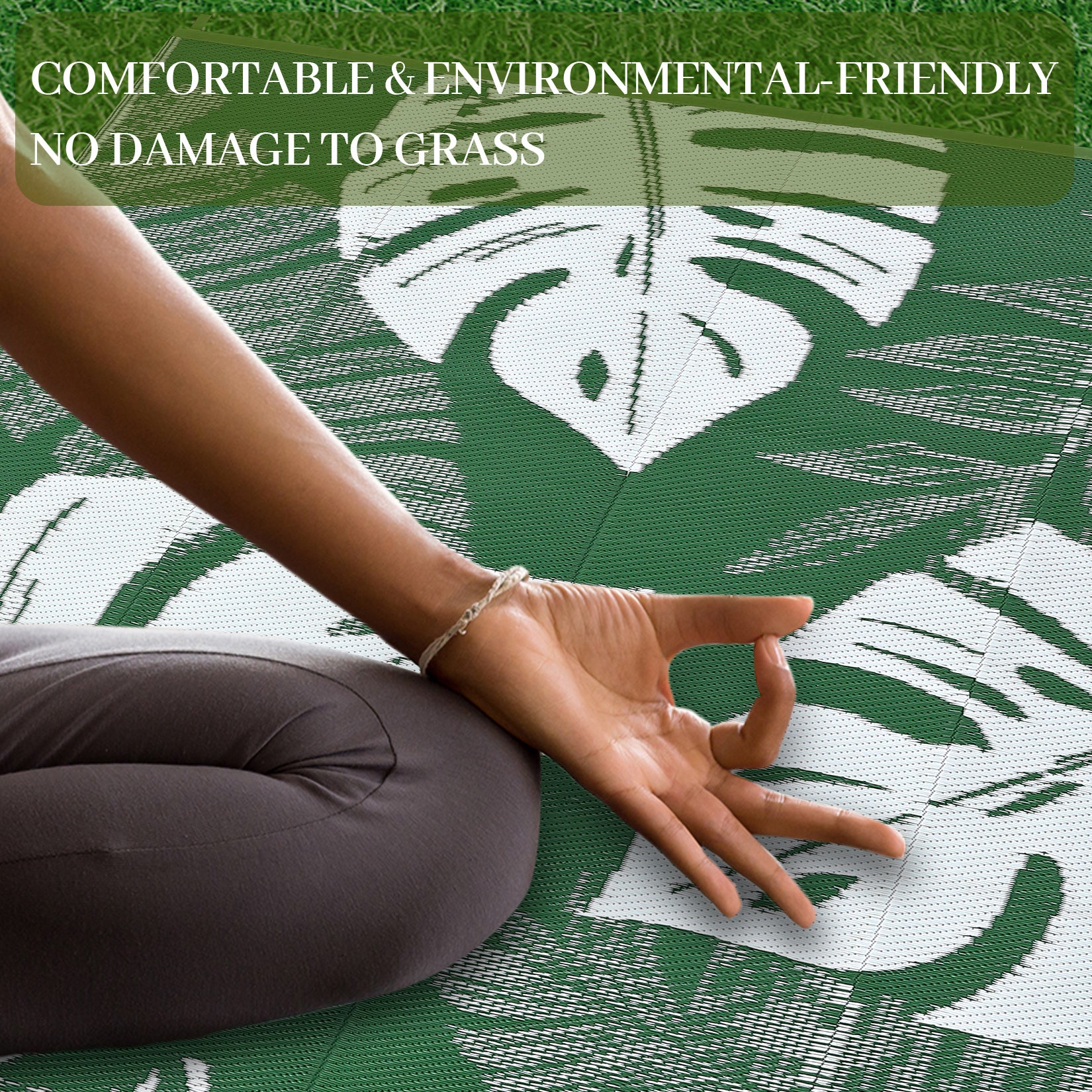 Garvee Outdoor Green 8x10 Rug Waterproof Reversible Outdoor Plastic Straw Rug Modern Palm Leaves Patio Rug Indoor Outdoor Carpet RV Mat Outside for Patio Camp Balcony Deck Picnic