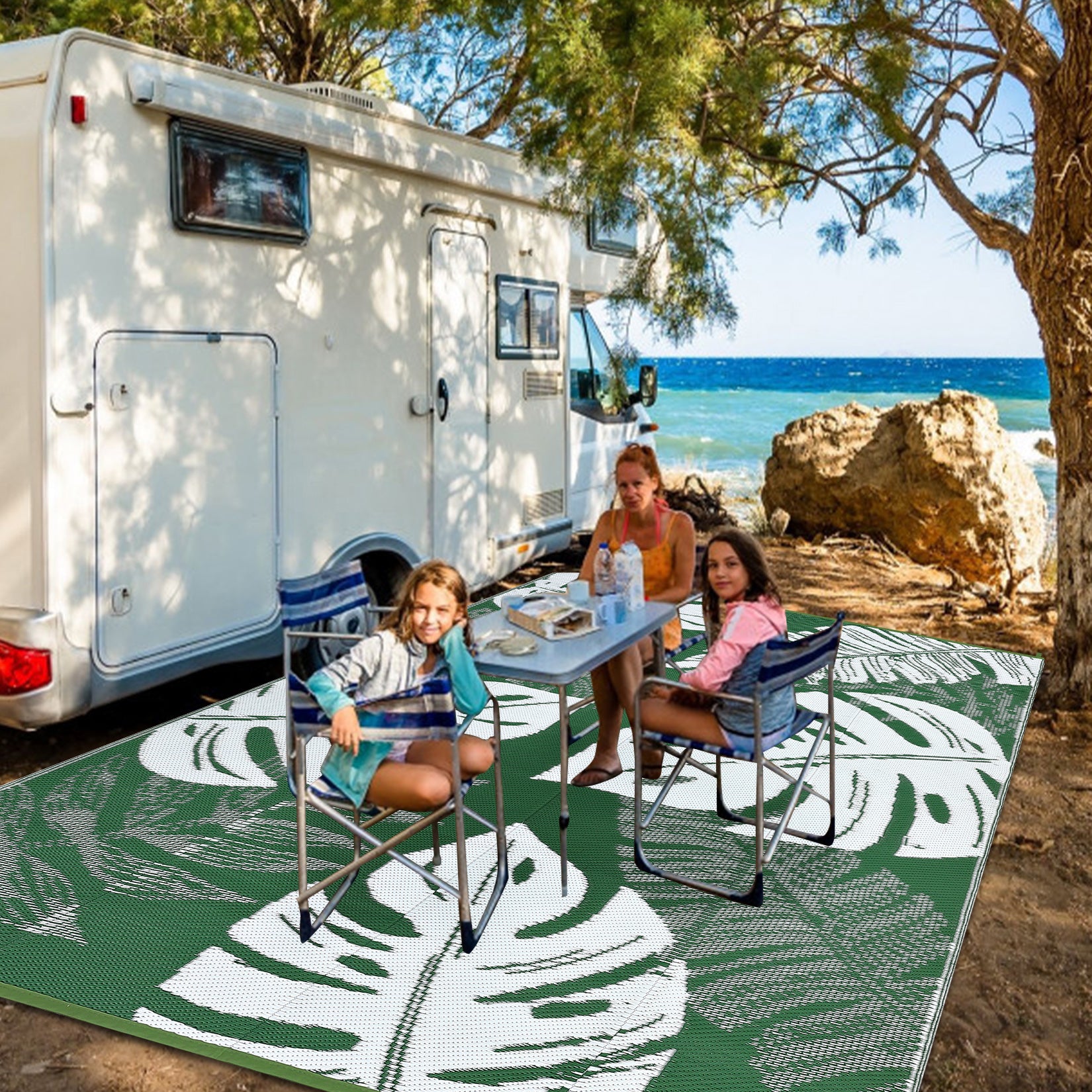 Garvee 9x12 Outdoor Rug Waterproof Reversible Plastic Straw Patio Rug with Tropical Palm Leaves, Lightweight Indoor Outdoor Carpet for Deck, RV, Camping & Beach, Green