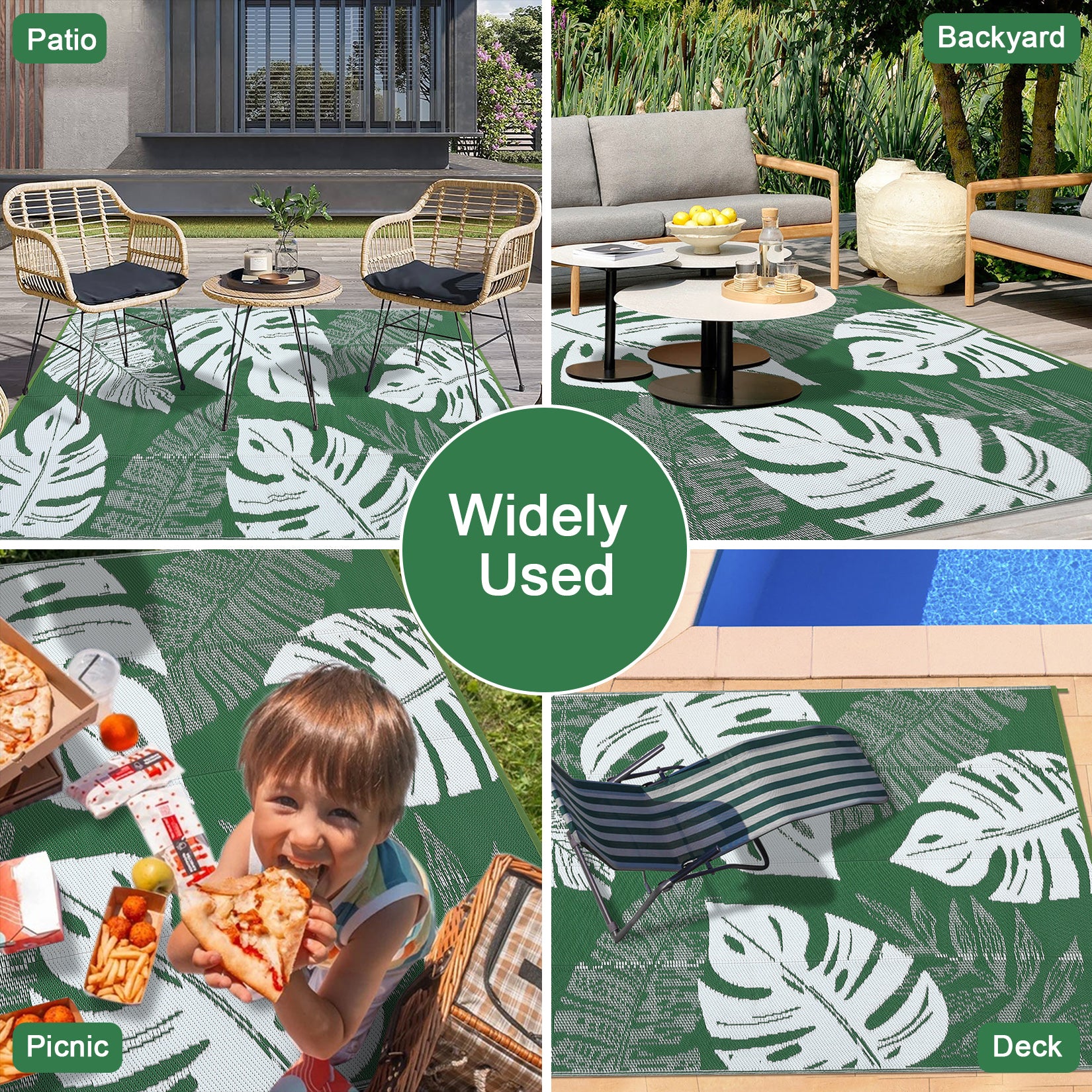 Garvee 9x12 Outdoor Rug Waterproof Reversible Plastic Straw Patio Rug with Tropical Palm Leaves, Lightweight Indoor Outdoor Carpet for Deck, RV, Camping & Beach, Green