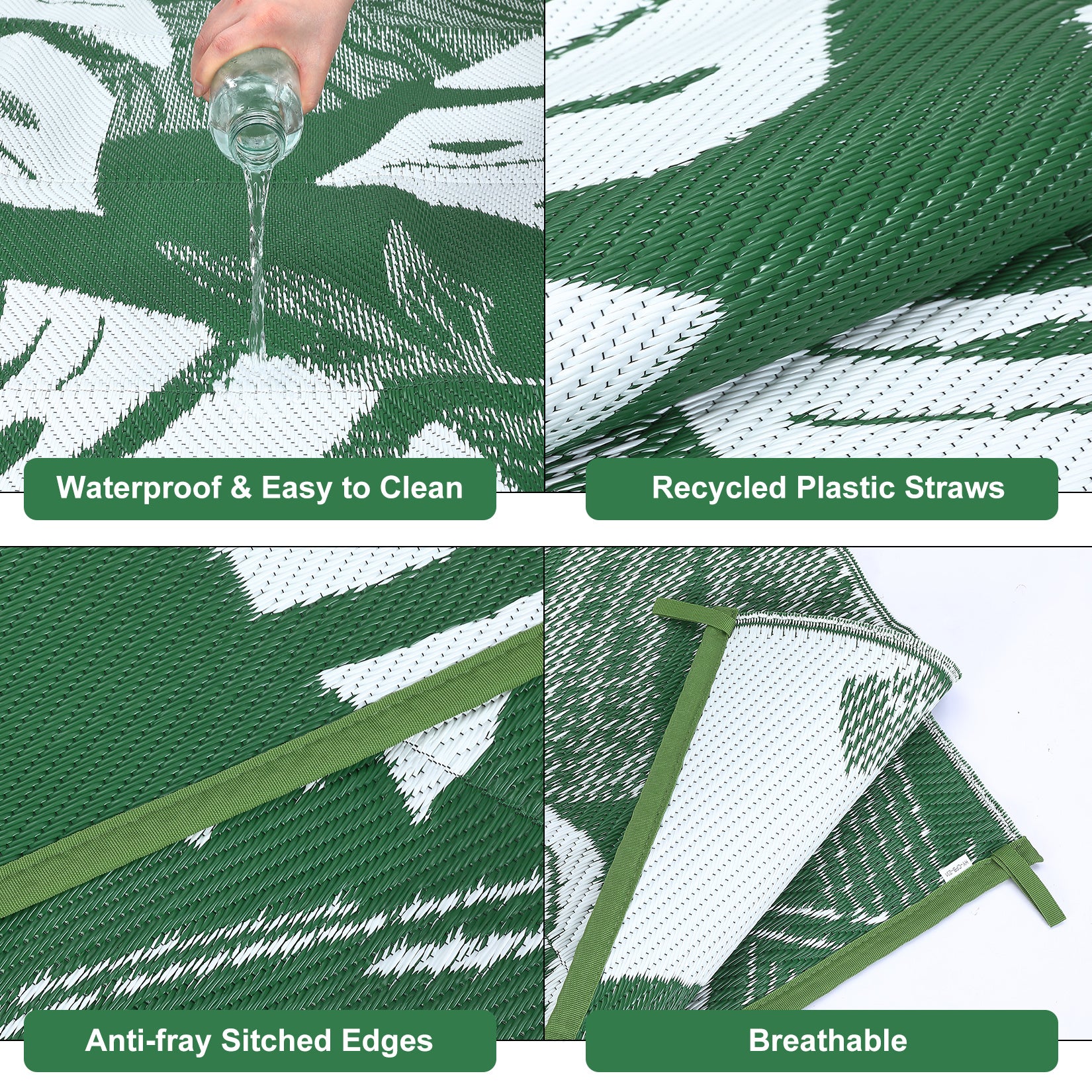 Garvee 9x12 Outdoor Rug Waterproof Reversible Plastic Straw Patio Rug with Tropical Palm Leaves, Lightweight Indoor Outdoor Carpet for Deck, RV, Camping & Beach, Green