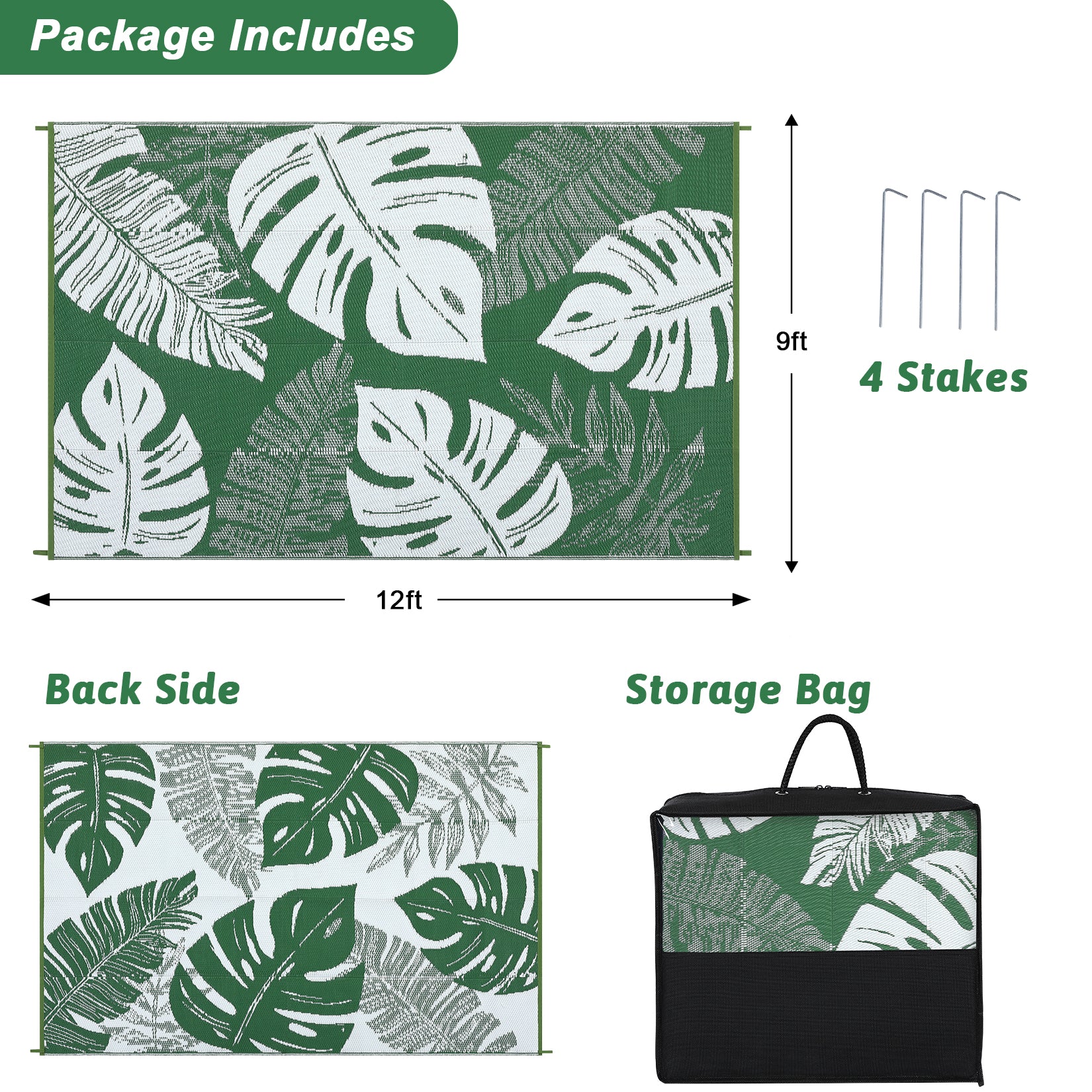 Garvee Outdoor Green 8x10 Rug Waterproof Reversible Outdoor Plastic Straw Rug Modern Palm Leaves Patio Rug Indoor Outdoor Carpet RV Mat Outside for Patio Camp Balcony Deck Picnic