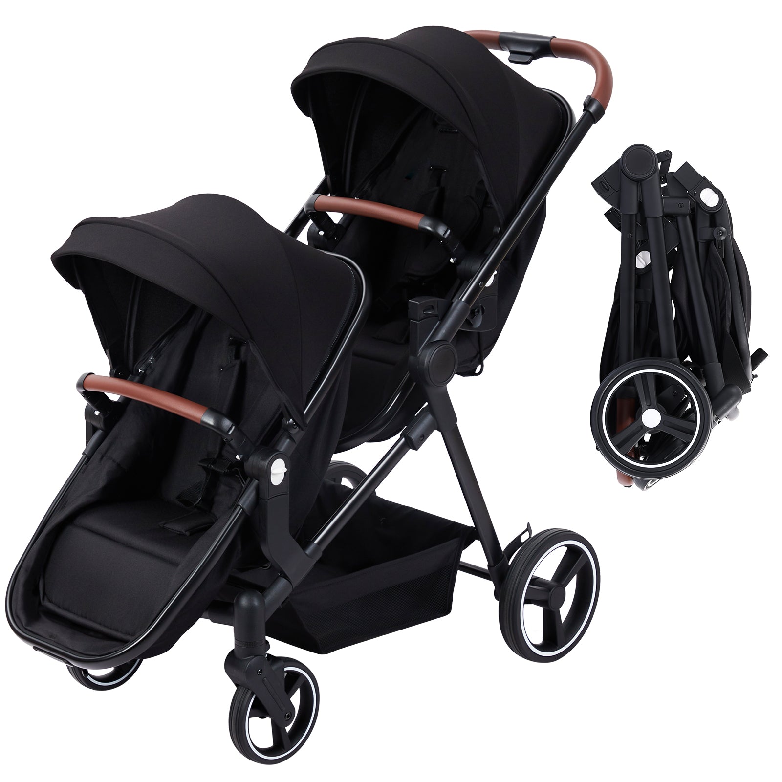 Garvee Foldable Double Baby Stroller in Multi-Position Reversible Design with Adjustable Backrest, Storage Basket and Canopy for Infant and Toddler, Black